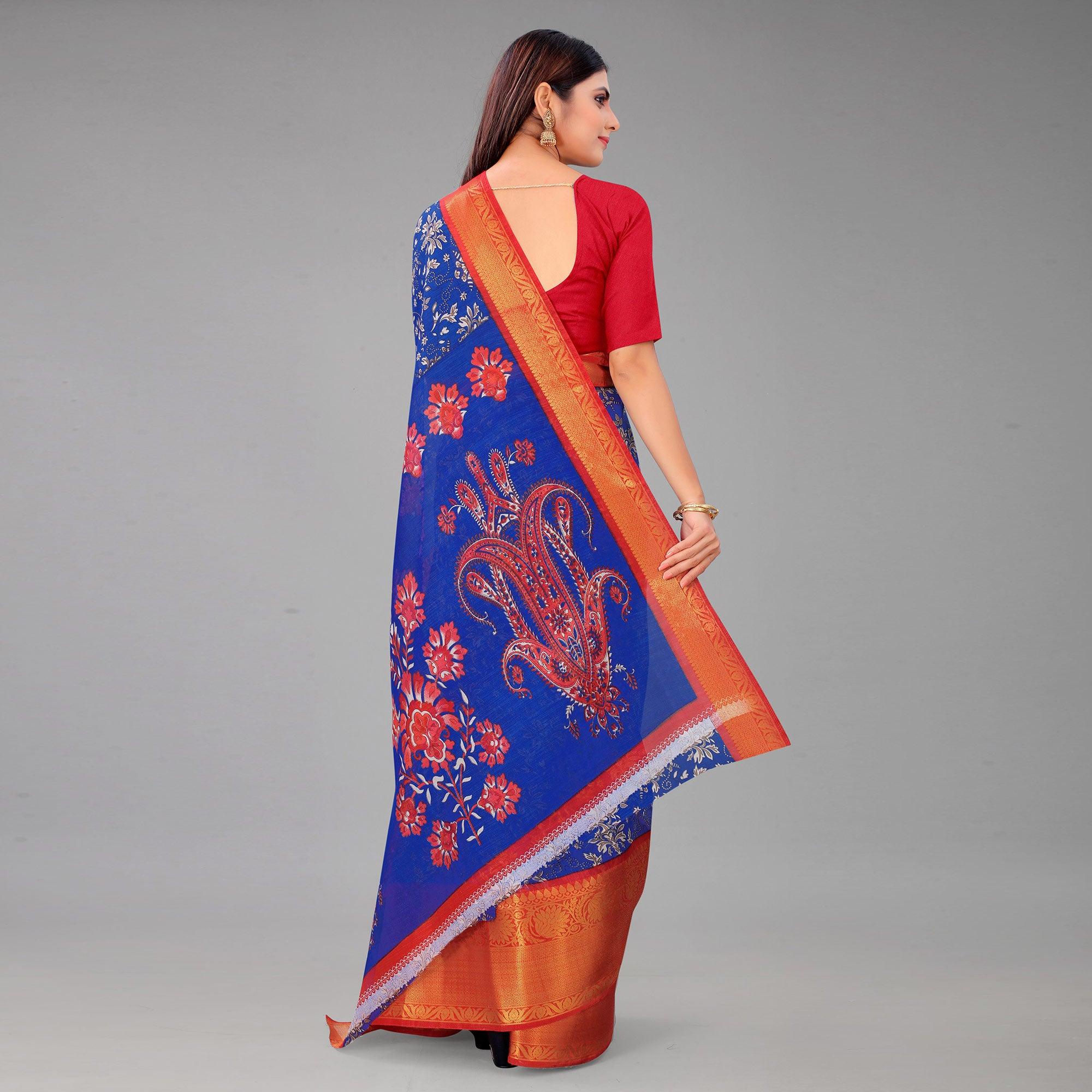Blue Festive Wear Kalamkari Printed Chanderi Silk Saree With Zari Weaving Border - Peachmode
