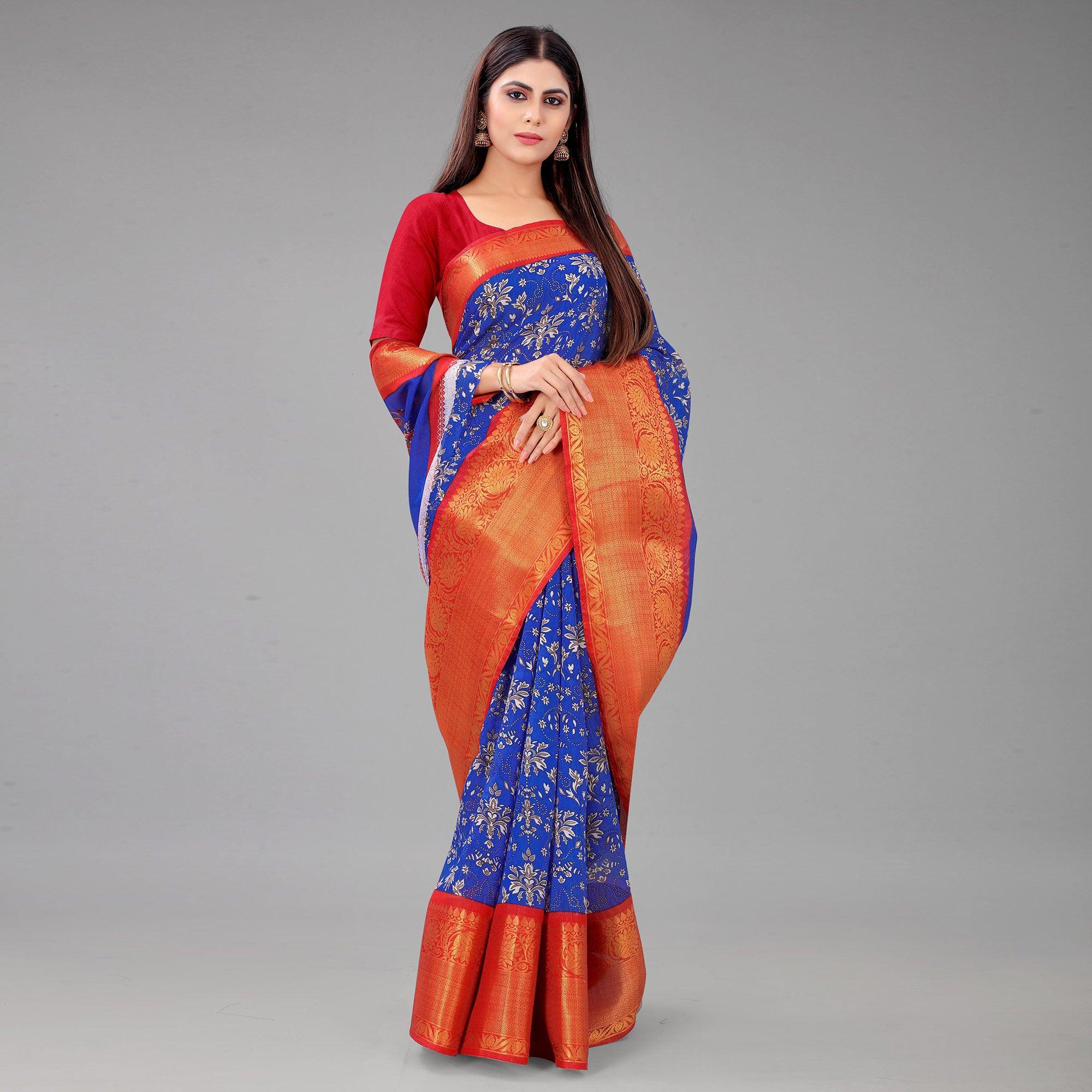 Blue Festive Wear Kalamkari Printed Chanderi Silk Saree With Zari Weaving Border - Peachmode