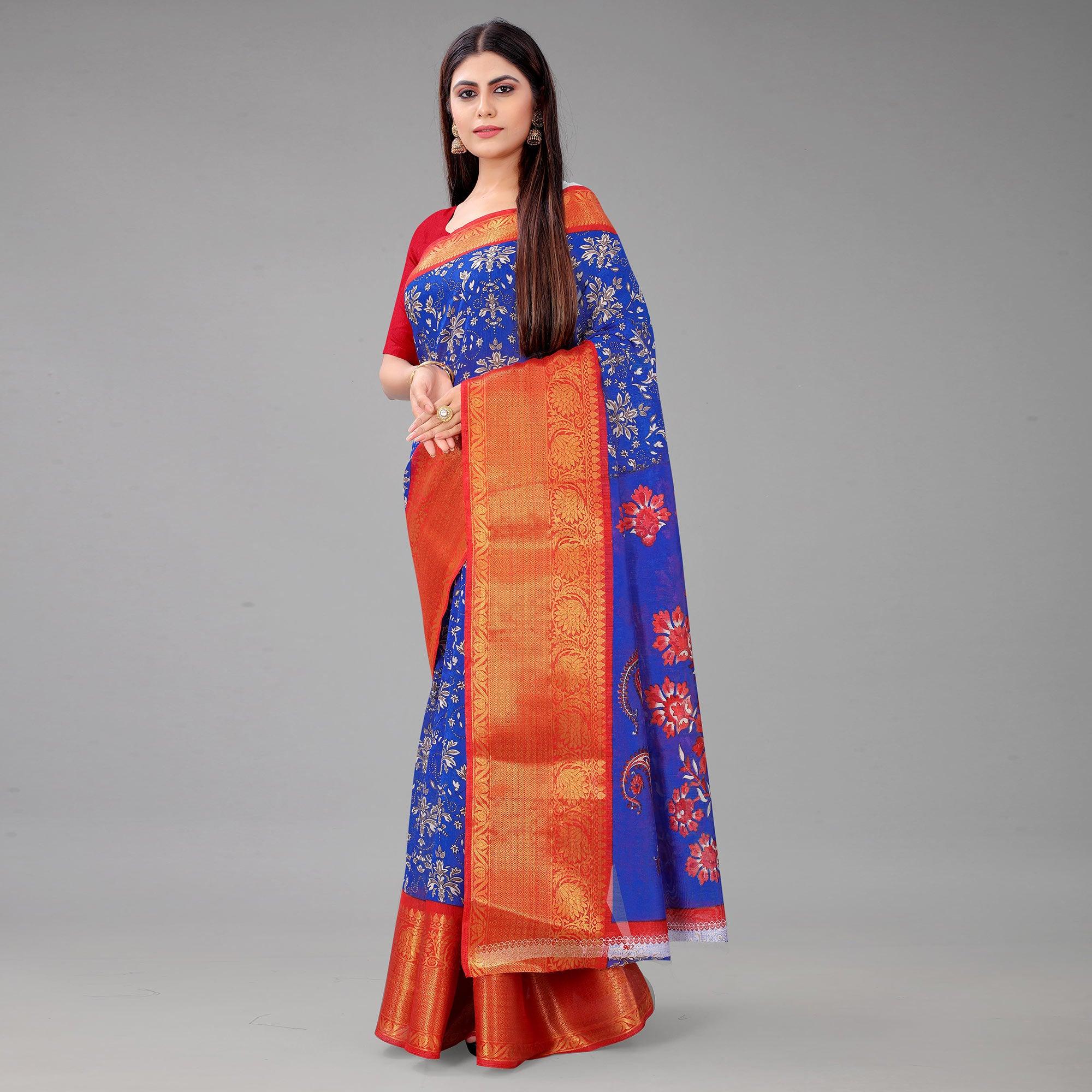 Blue Festive Wear Kalamkari Printed Chanderi Silk Saree With Zari Weaving Border - Peachmode