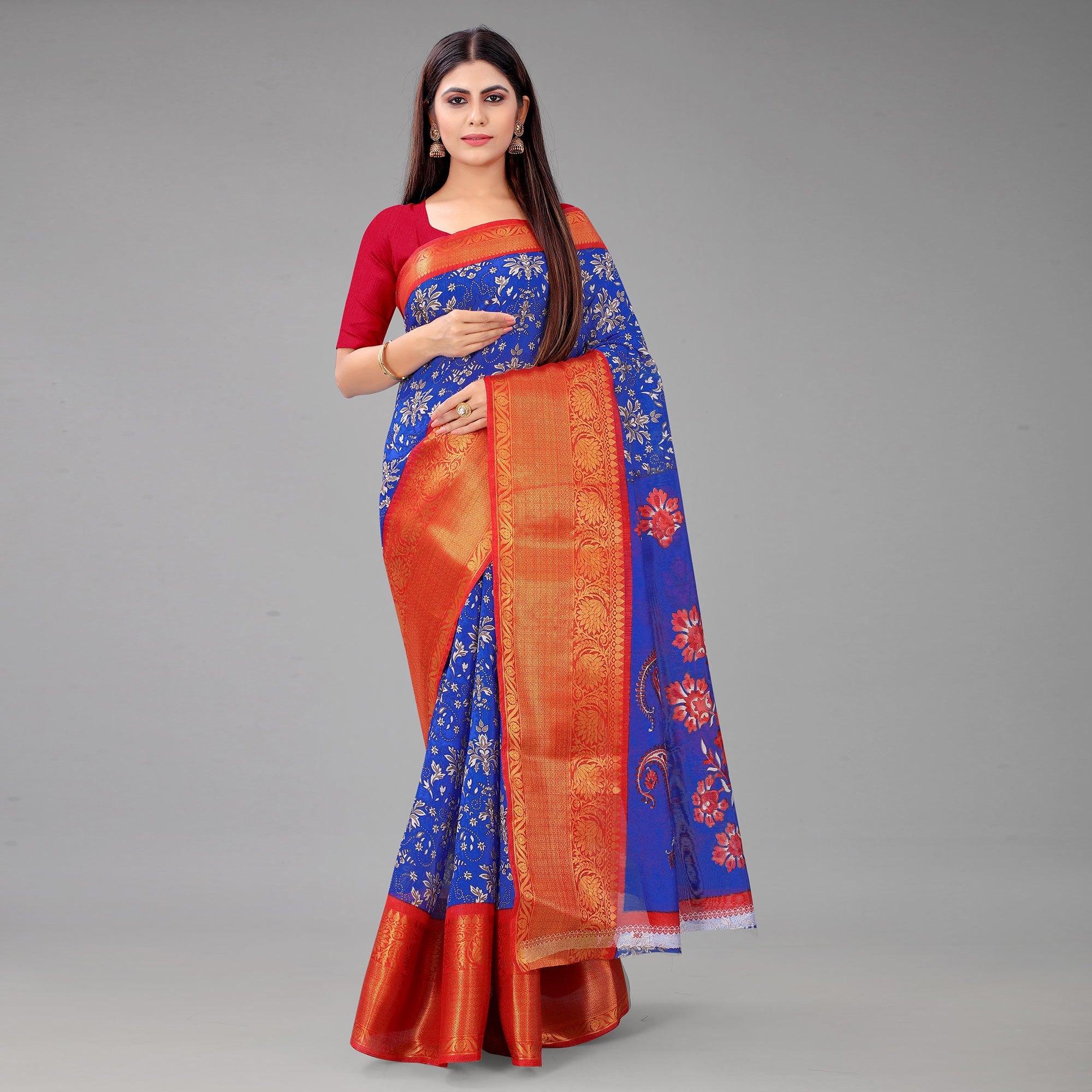 Blue Festive Wear Kalamkari Printed Chanderi Silk Saree With Zari Weaving Border - Peachmode