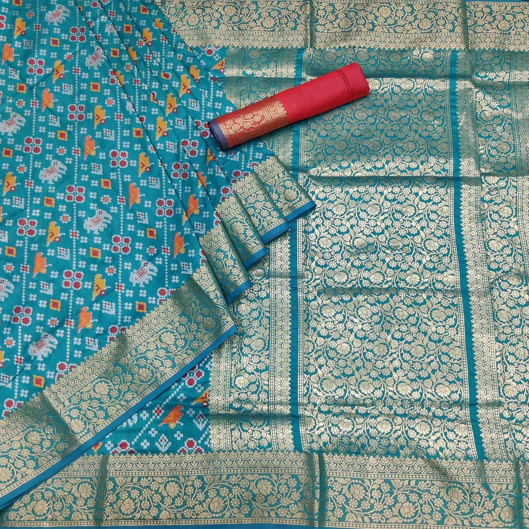 Blue Festive Wear Patola Printed Art Silk Saree - Peachmode