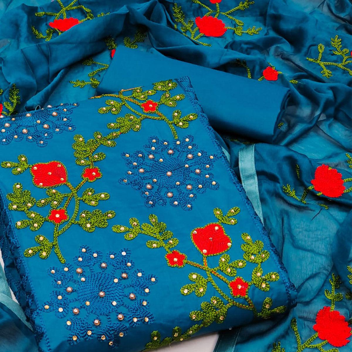 Blue Festive Wear Pearl Work Embroidered Cotton Dress Material - Peachmode