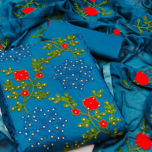 Blue Festive Wear Pearl Work Embroidered Cotton Dress Material - Peachmode