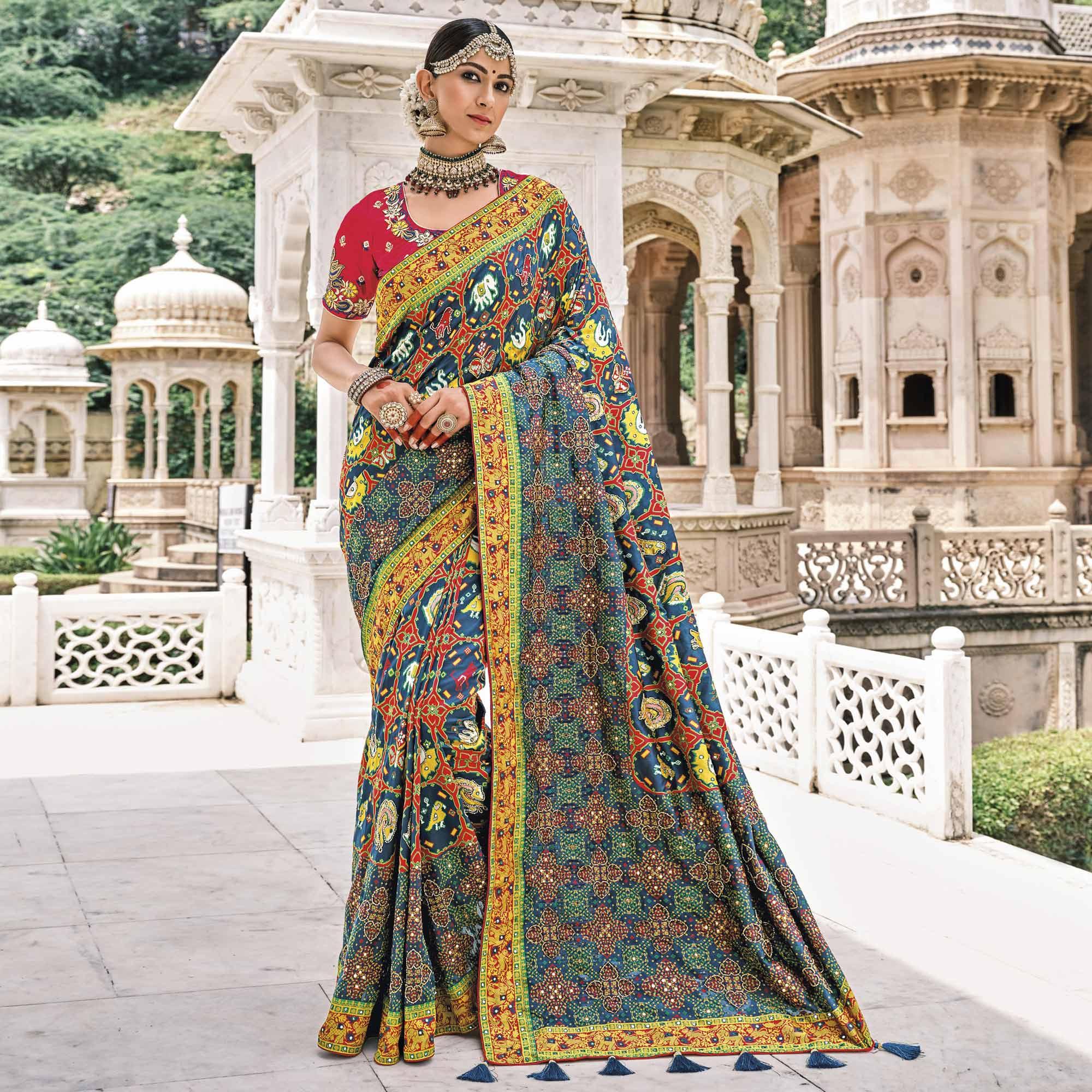 Blue Festive Wear Plain & Hand Work Pure Silk Saree - Peachmode