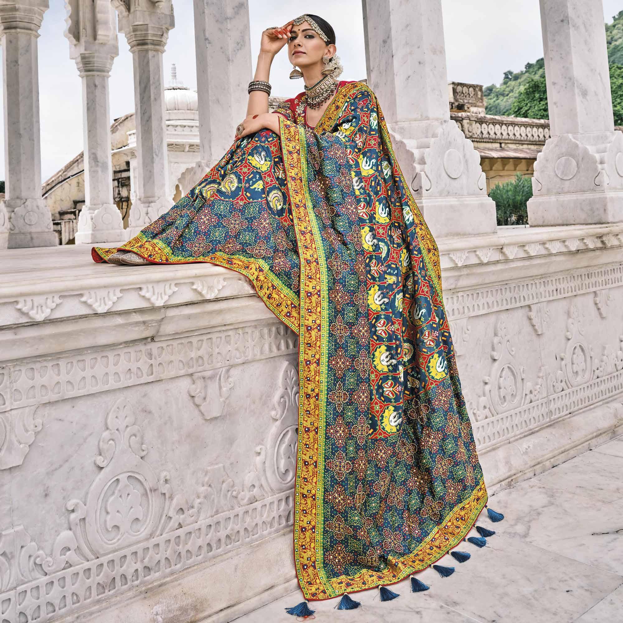 Blue Festive Wear Plain & Hand Work Pure Silk Saree - Peachmode