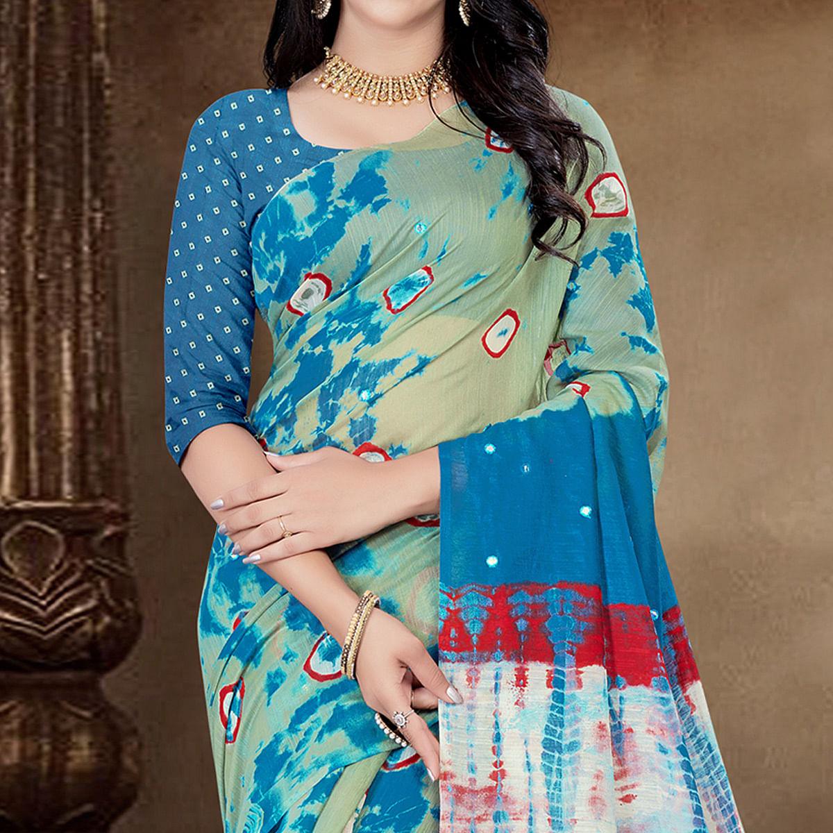 Blue Festive Wear Print With Mirror Work Cotton Silk Saree - Peachmode