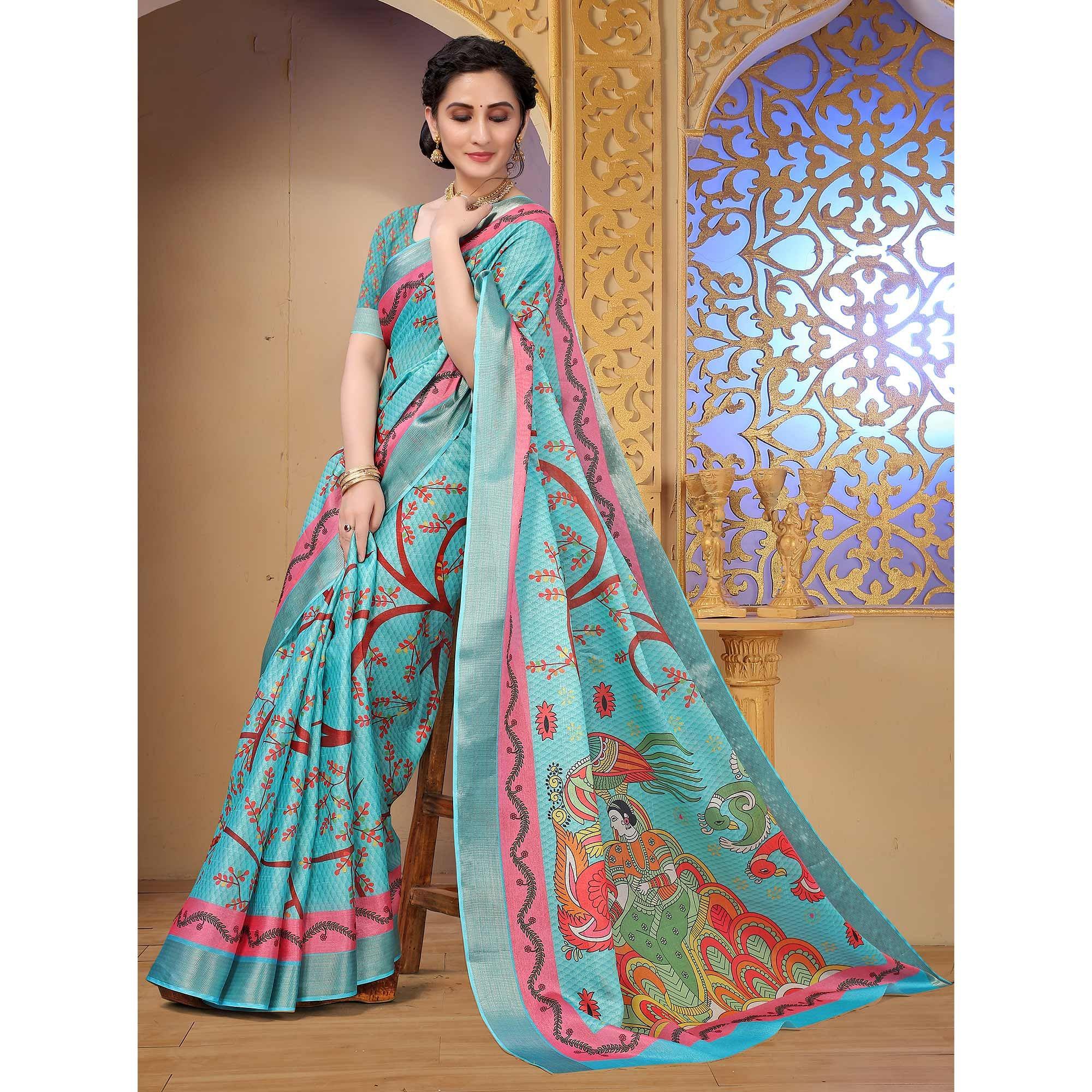 Blue Festive Wear Printed Art Silk Saree - Peachmode