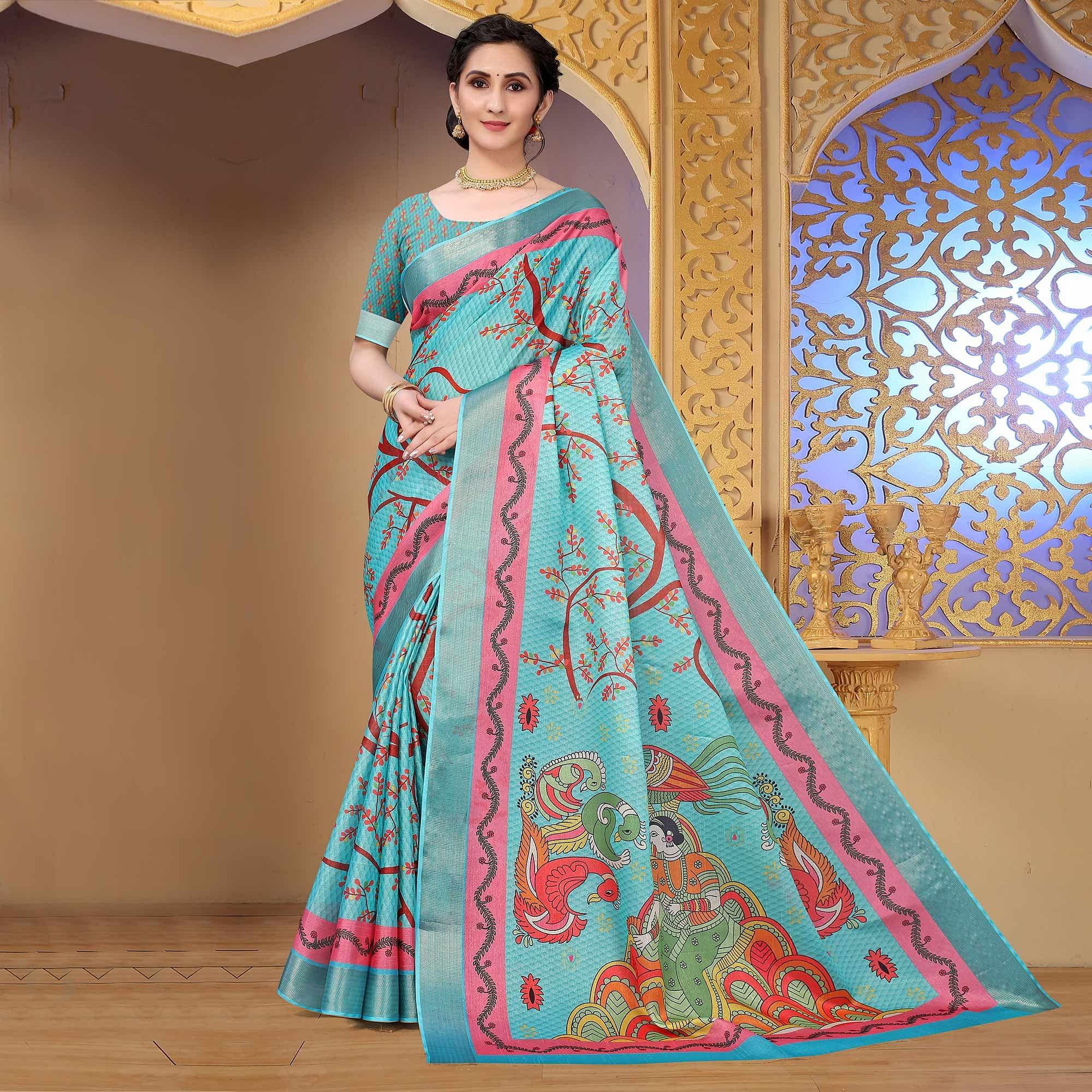 Blue Festive Wear Printed Art Silk Saree - Peachmode