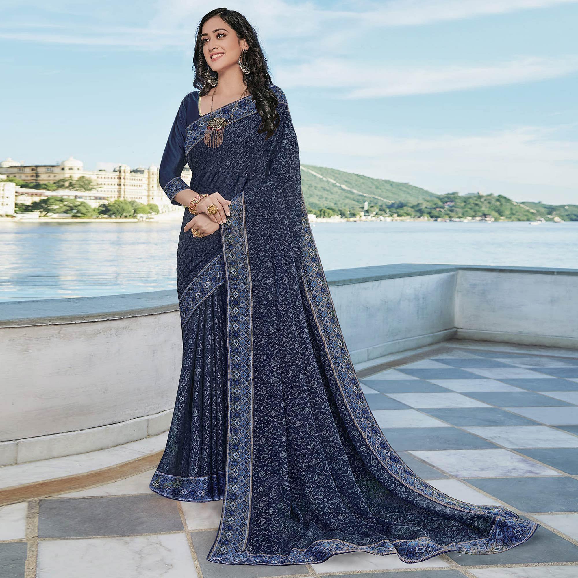 Blue Festive Wear Printed Brasso Saree - Peachmode