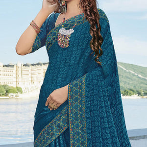 Blue Festive Wear Printed Brasso Saree - Peachmode