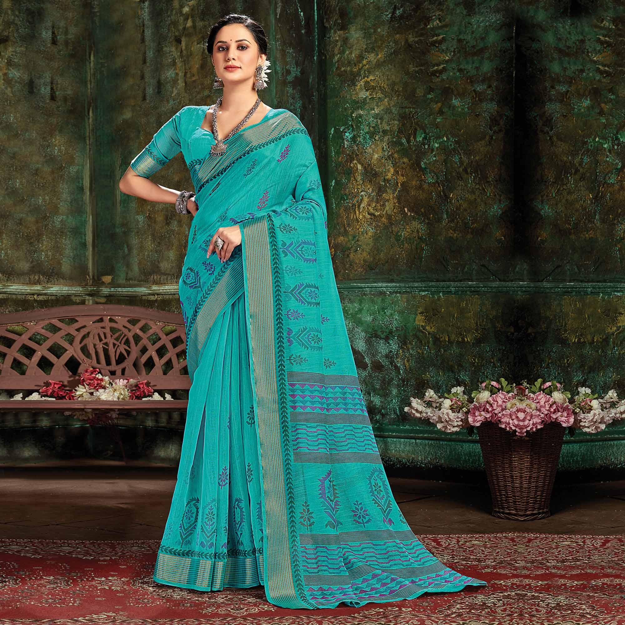 Blue Festive Wear Printed Cotton Saree - Peachmode