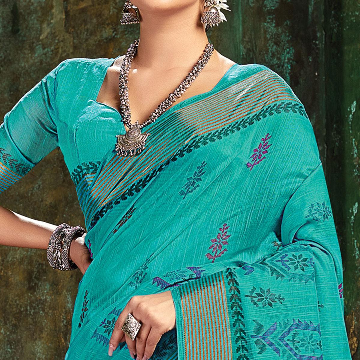 Blue Festive Wear Printed Cotton Saree - Peachmode