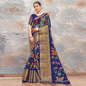 Blue Festive Wear Printed Cotton Silk Saree - Peachmode