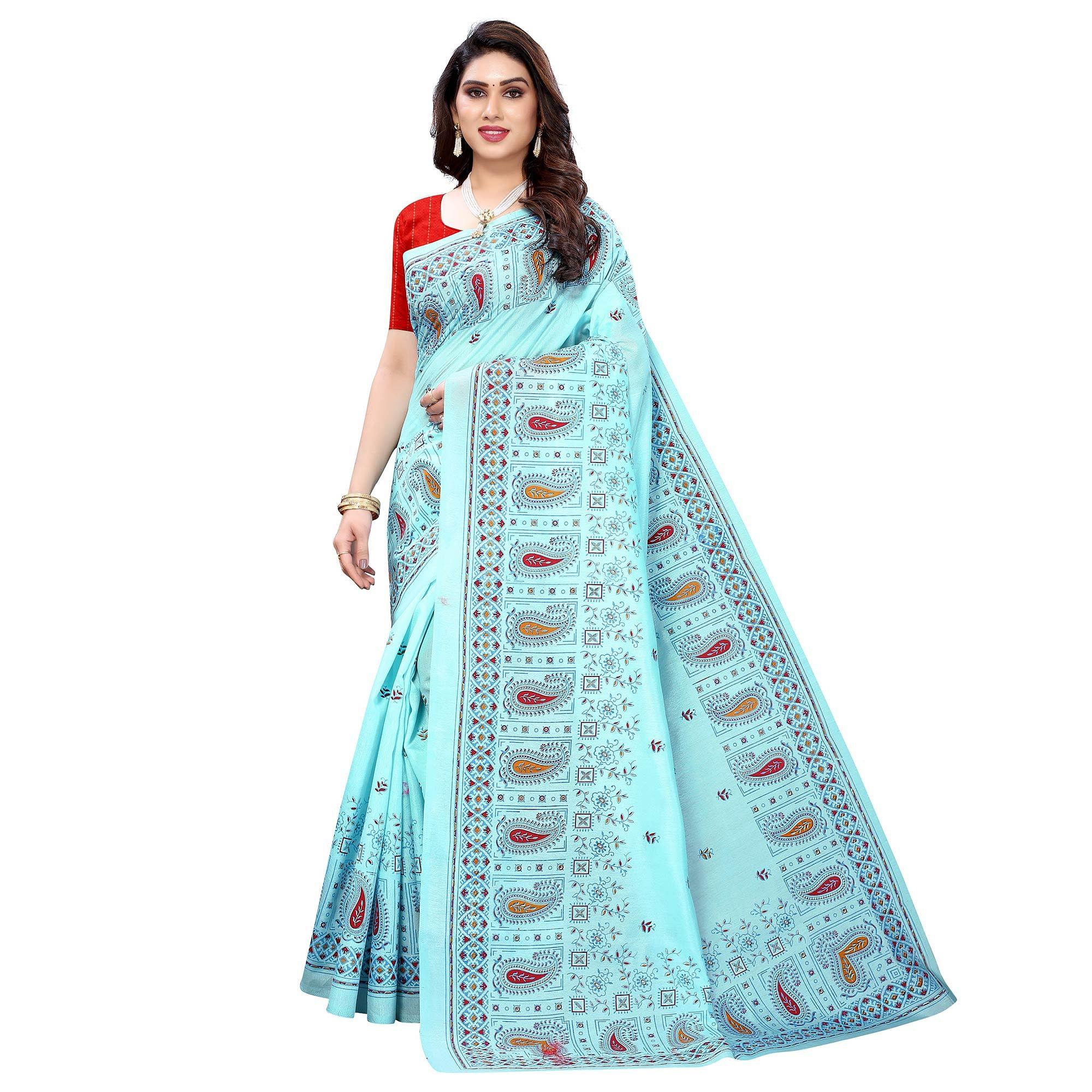 Blue Festive Wear Printed Cotton Silk Saree - Peachmode