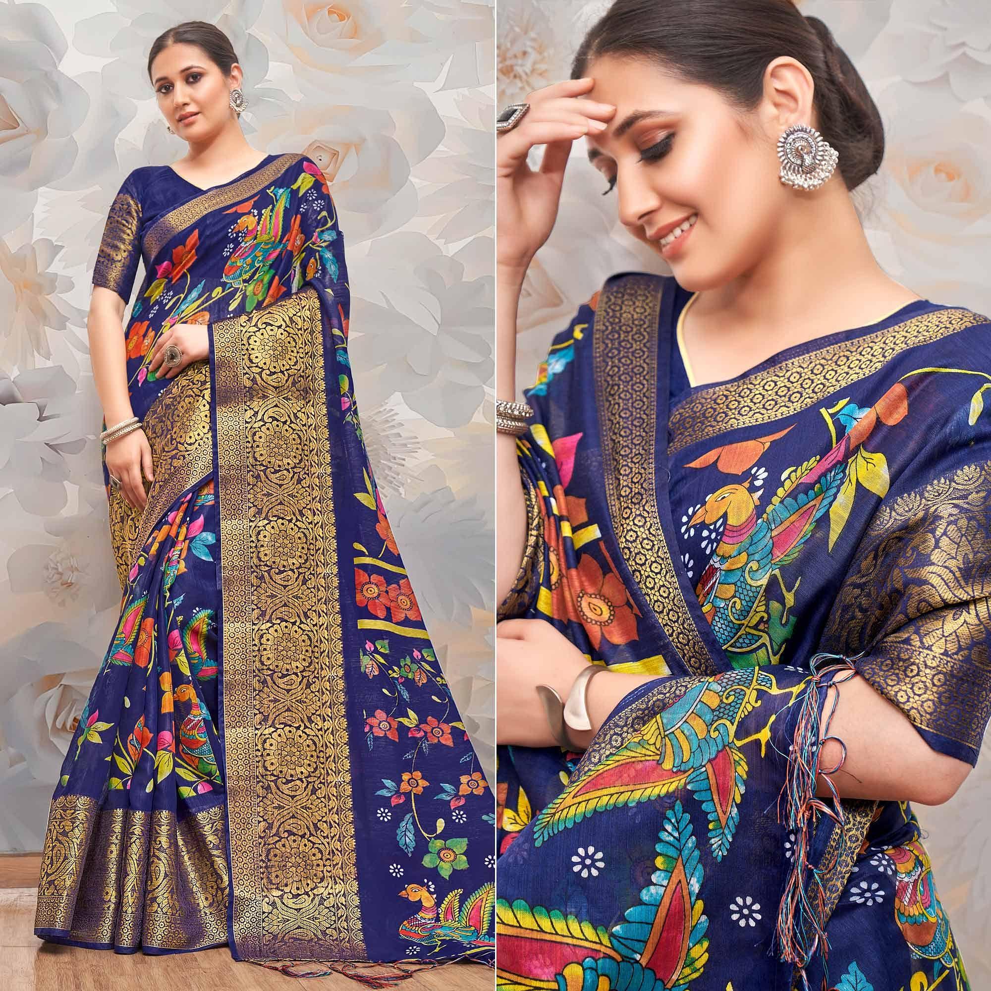Blue Festive Wear Printed Cotton Silk Saree - Peachmode