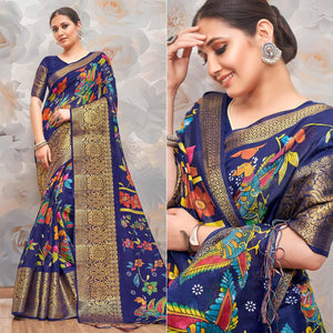 Blue Festive Wear Printed Cotton Silk Saree - Peachmode
