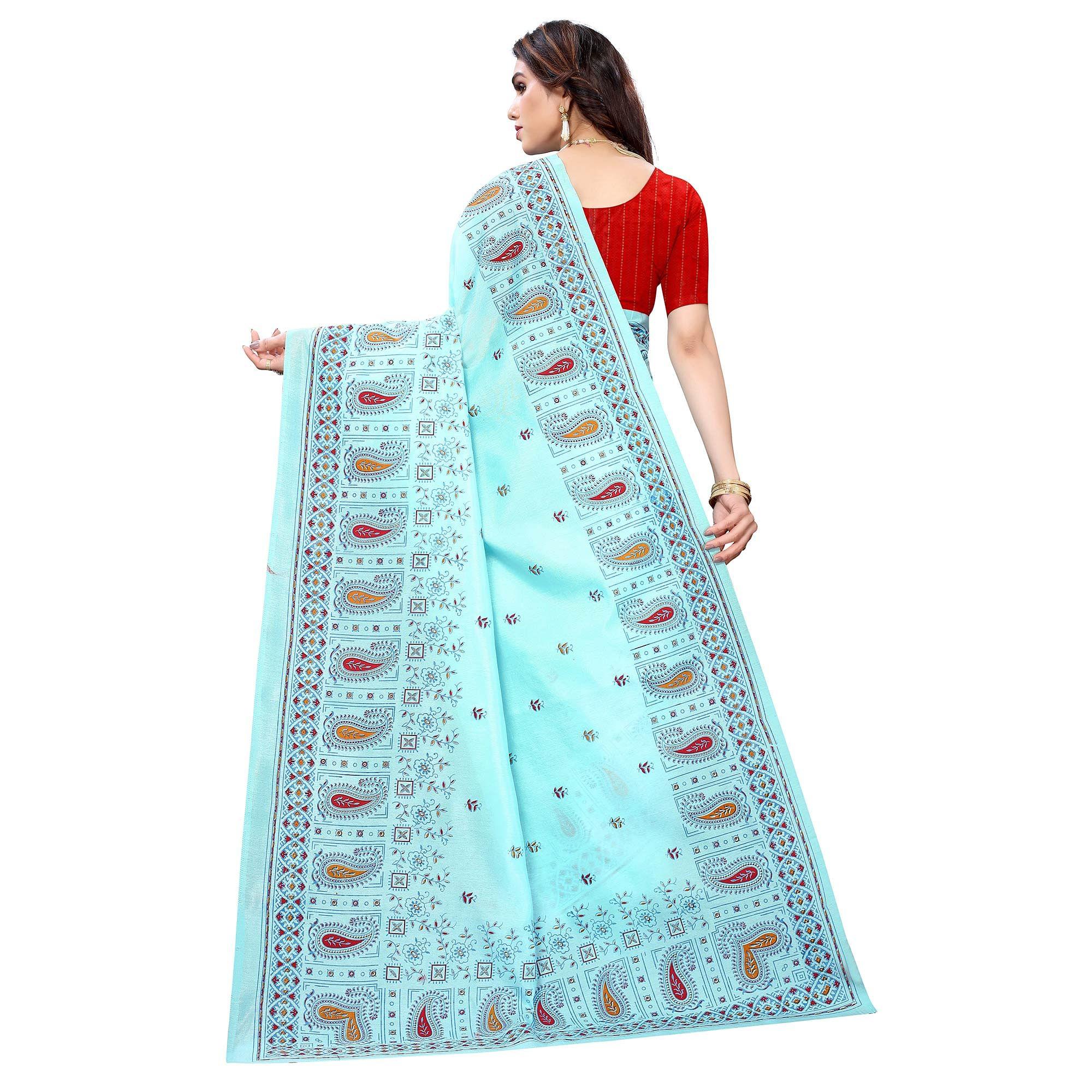 Blue Festive Wear Printed Cotton Silk Saree - Peachmode