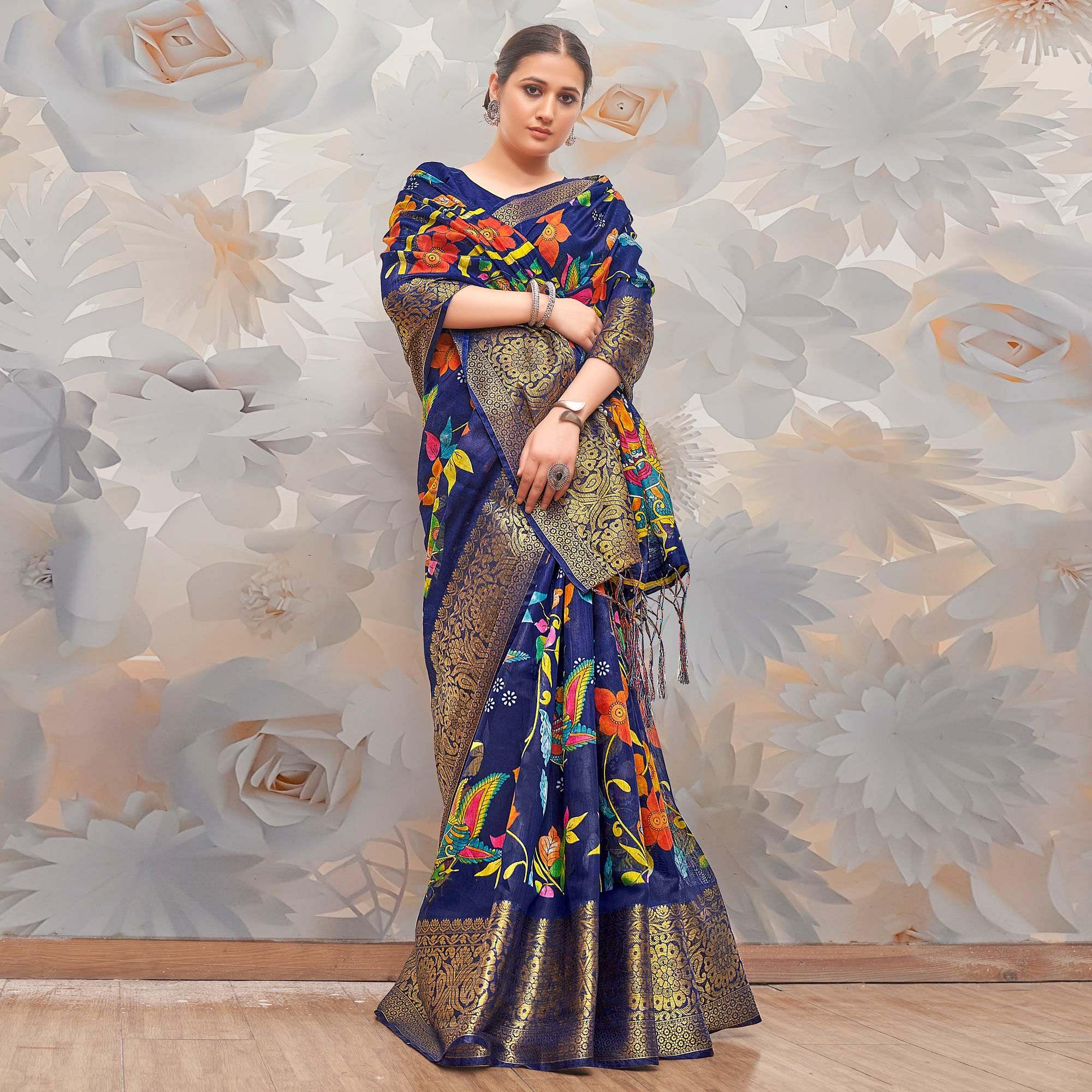 Blue Festive Wear Printed Cotton Silk Saree - Peachmode