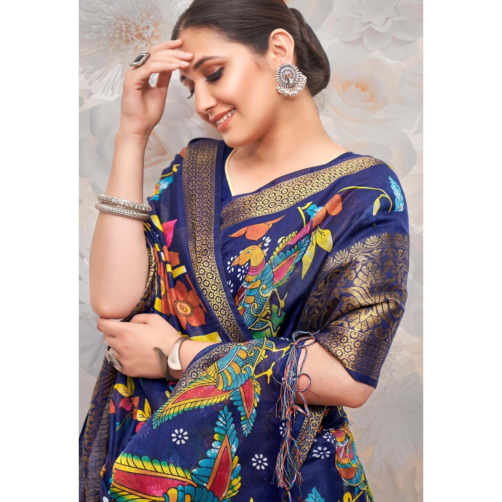 Blue Festive Wear Printed Cotton Silk Saree - Peachmode