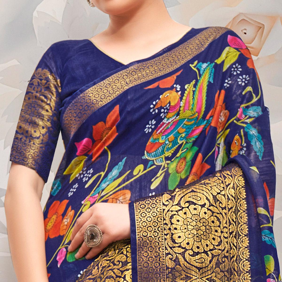 Blue Festive Wear Printed Cotton Silk Saree - Peachmode
