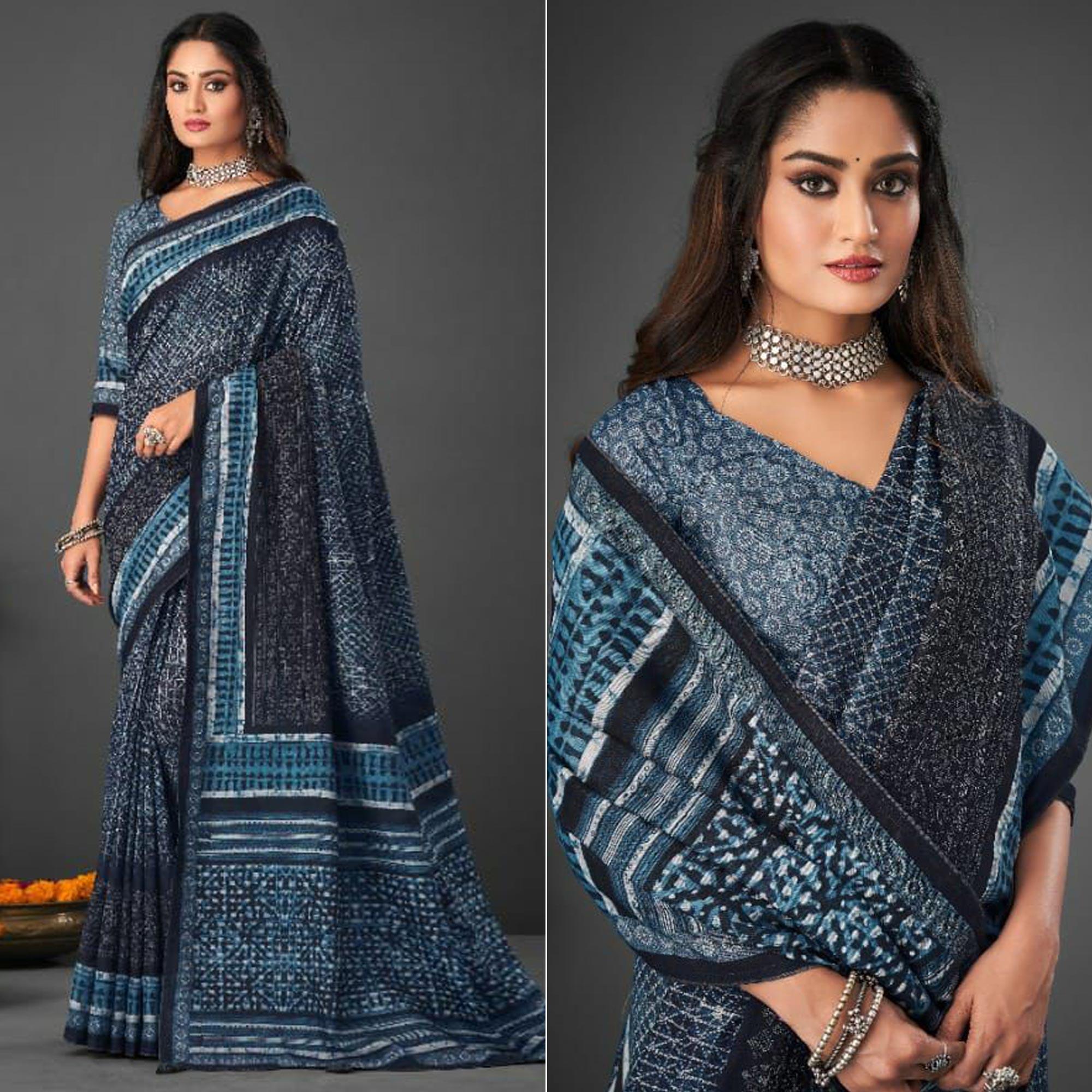 Blue Festive Wear Printed Silk Saree - Peachmode