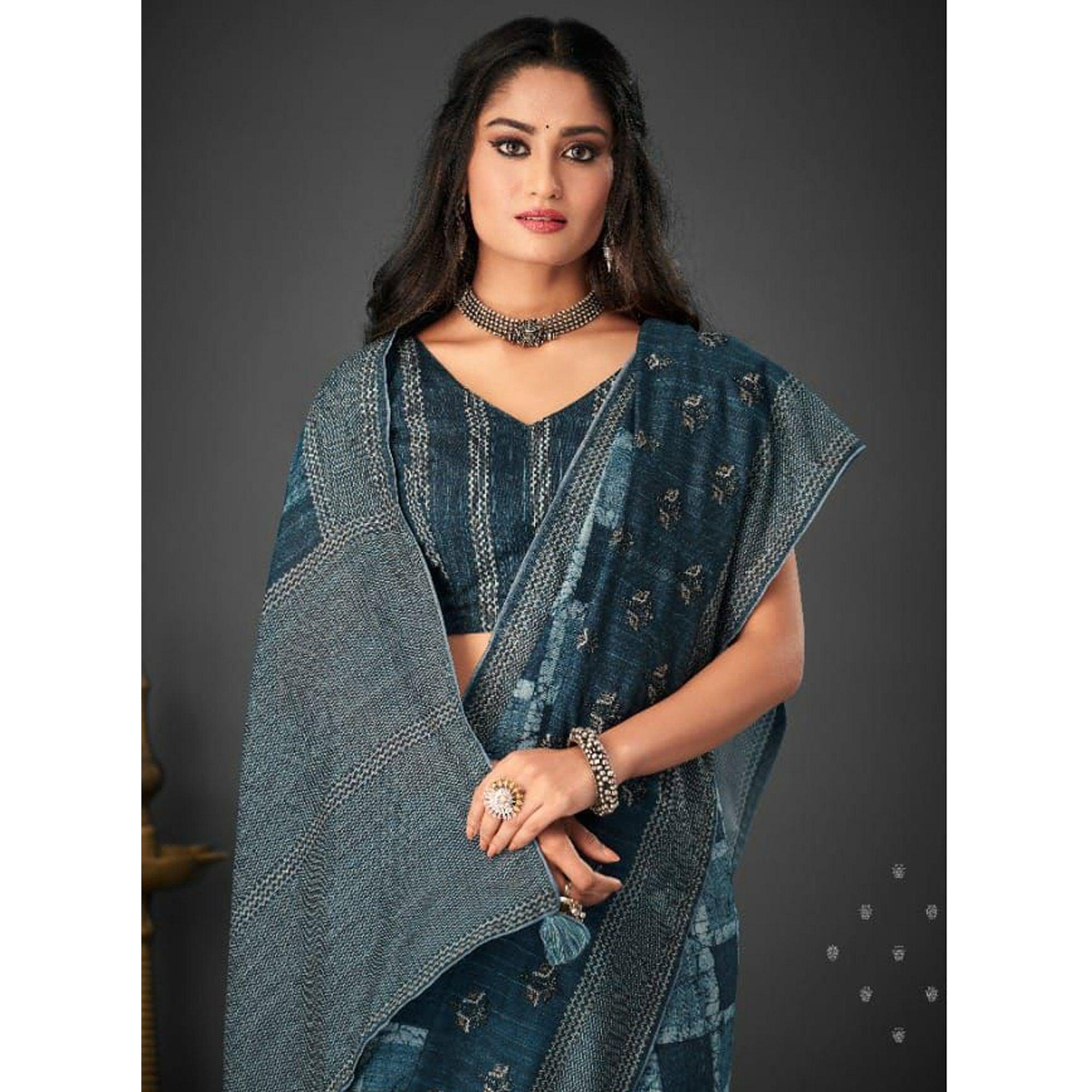 Blue Festive Wear Printed Silk Saree - Peachmode