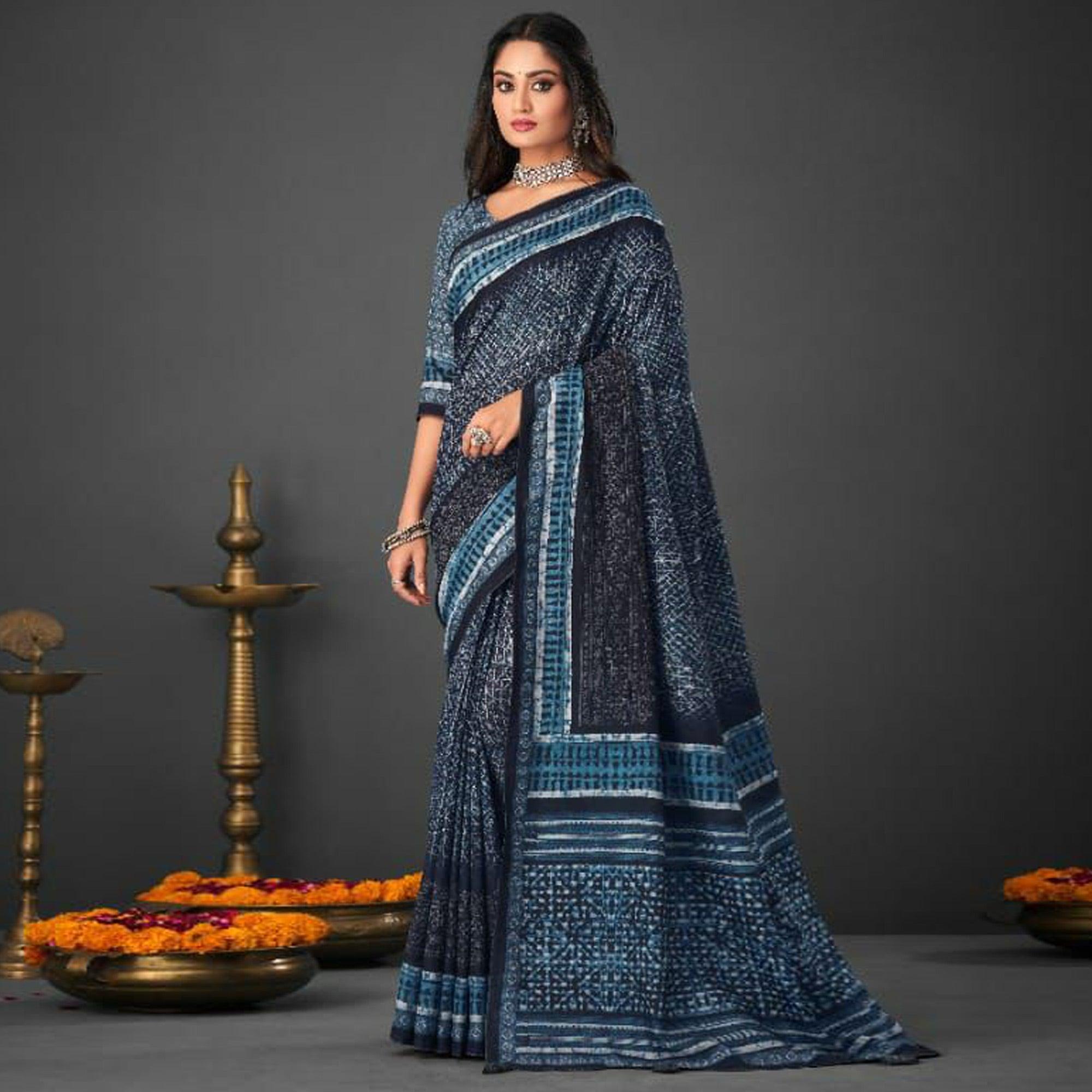 Blue Festive Wear Printed Silk Saree - Peachmode