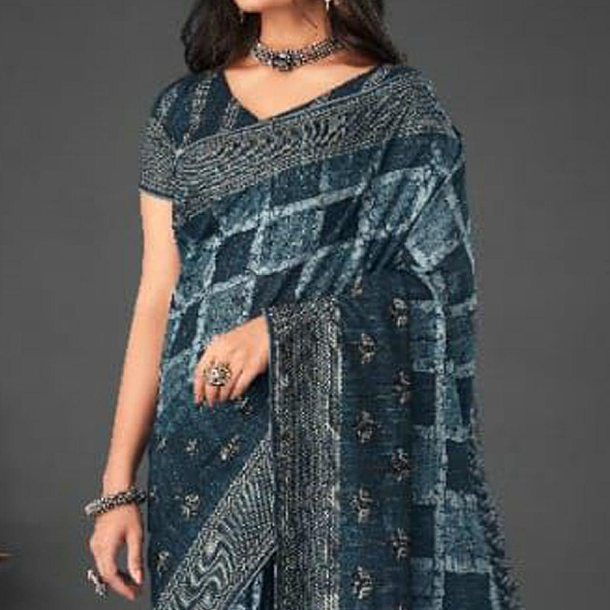 Blue Festive Wear Printed Silk Saree - Peachmode