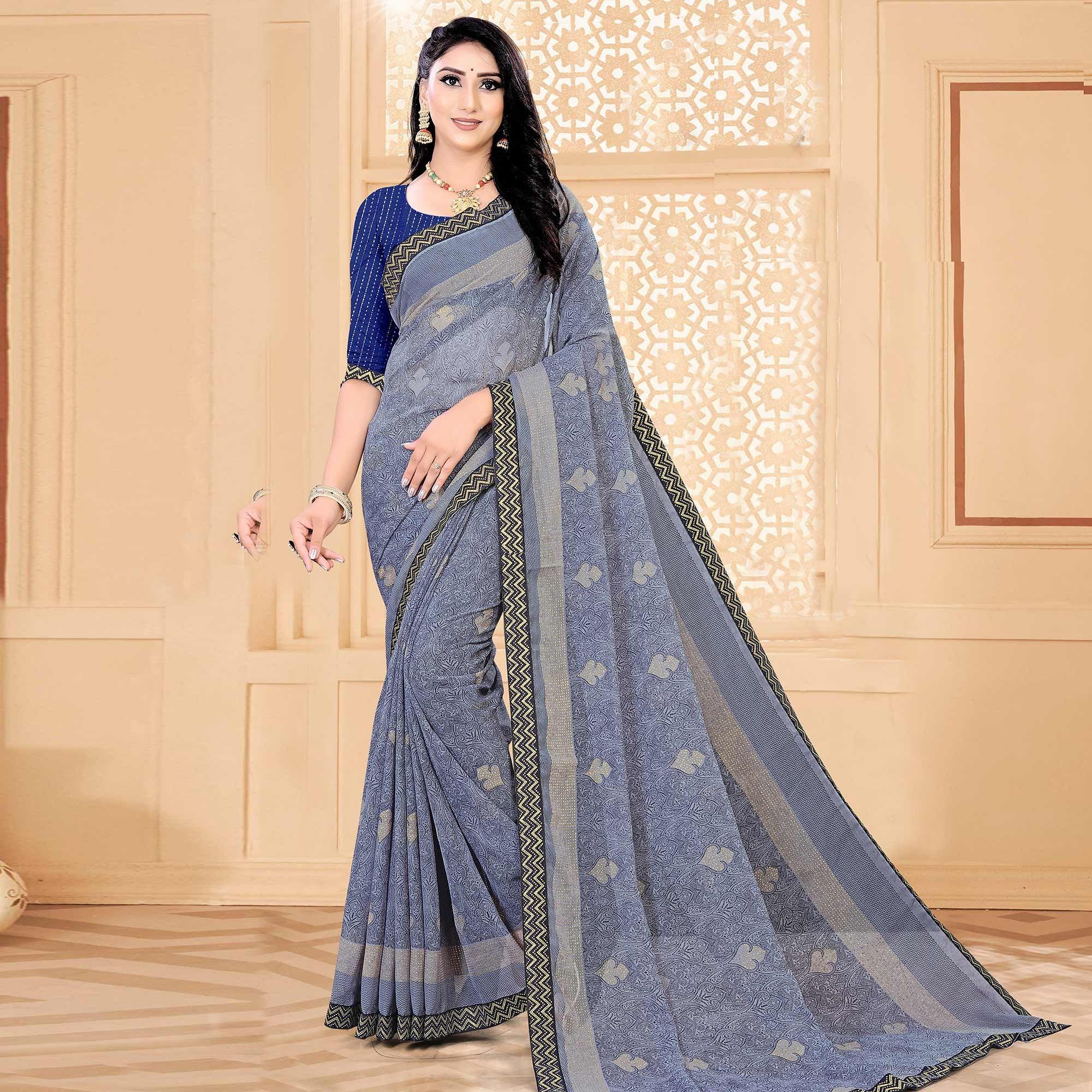 Blue Festive Wear Printed With Lace Work Chiffon Designer Saree - Peachmode