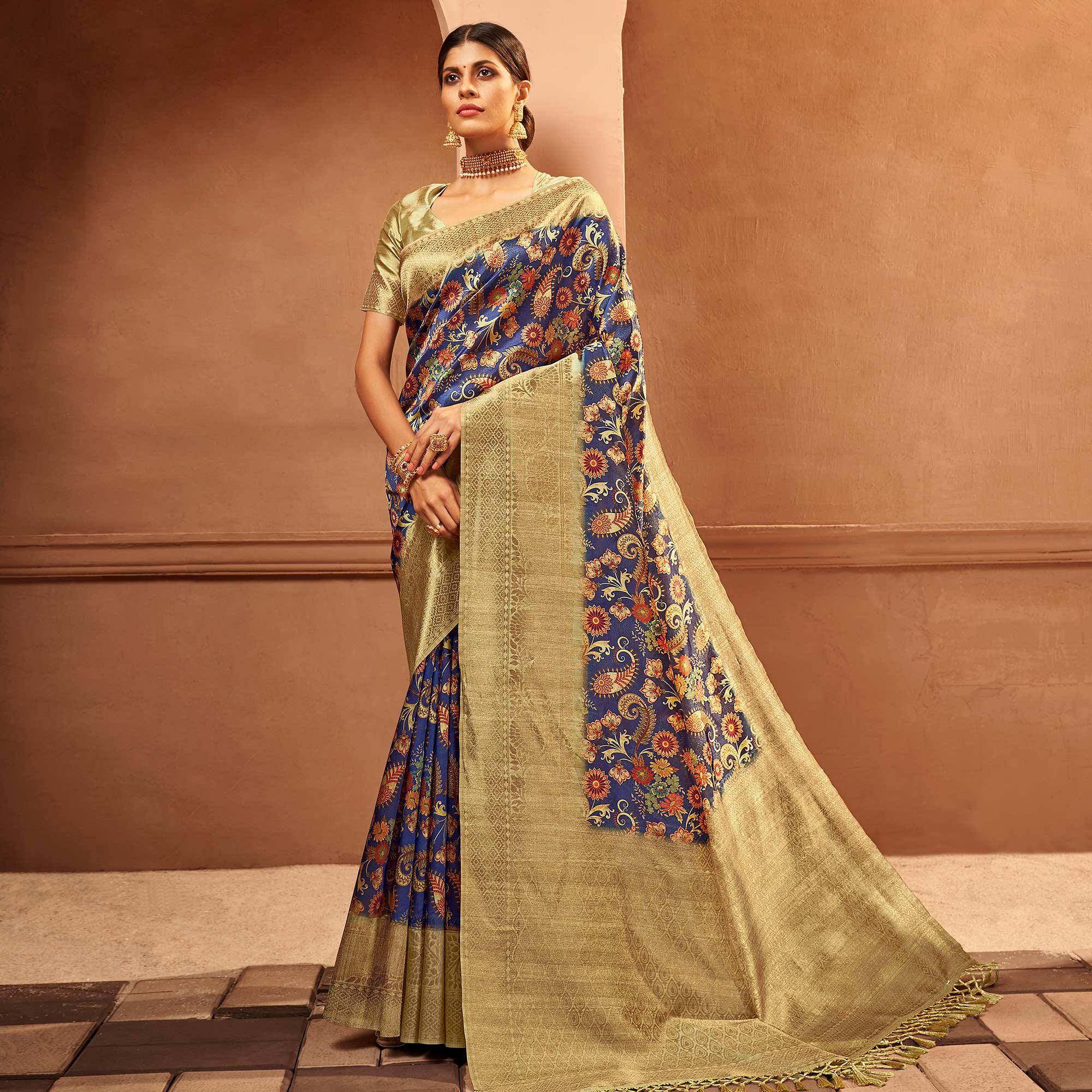 Blue Festive Wear Pure Digital Prints Jacquard Silk Saree - Peachmode