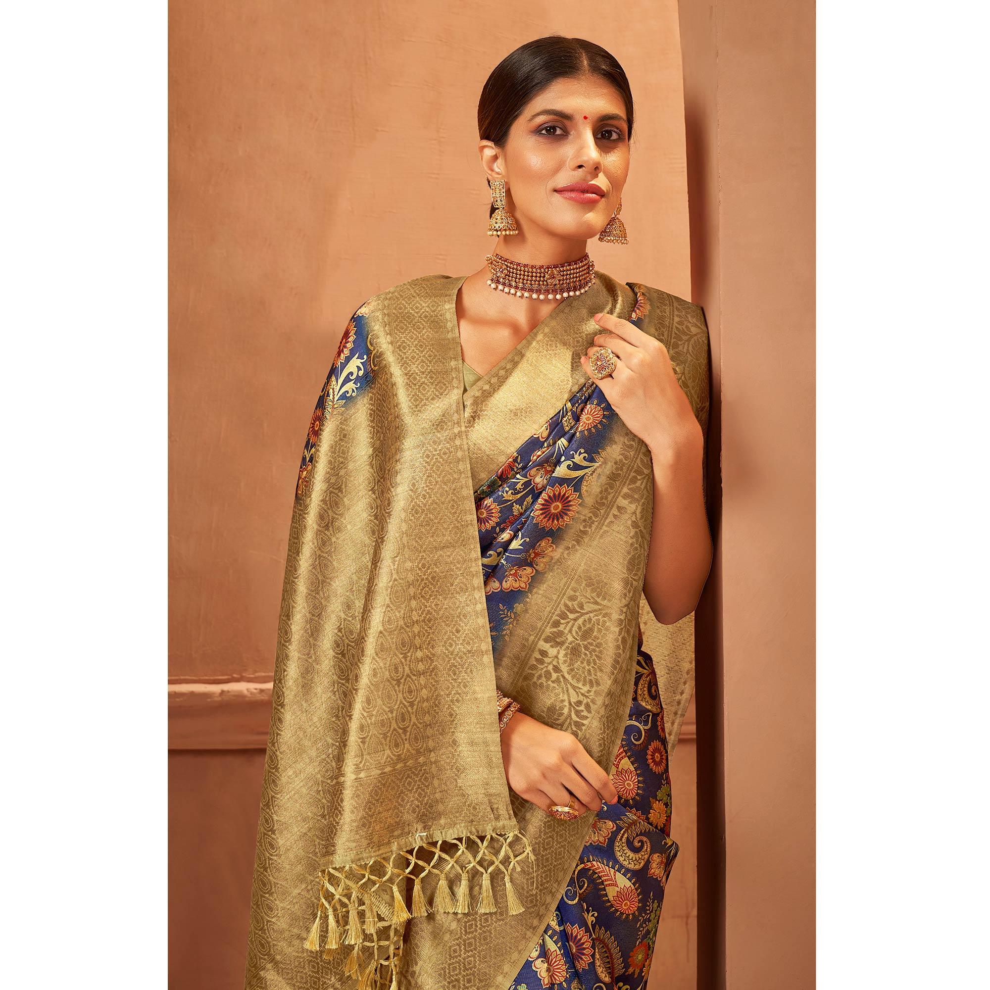 Blue Festive Wear Pure Digital Prints Jacquard Silk Saree - Peachmode