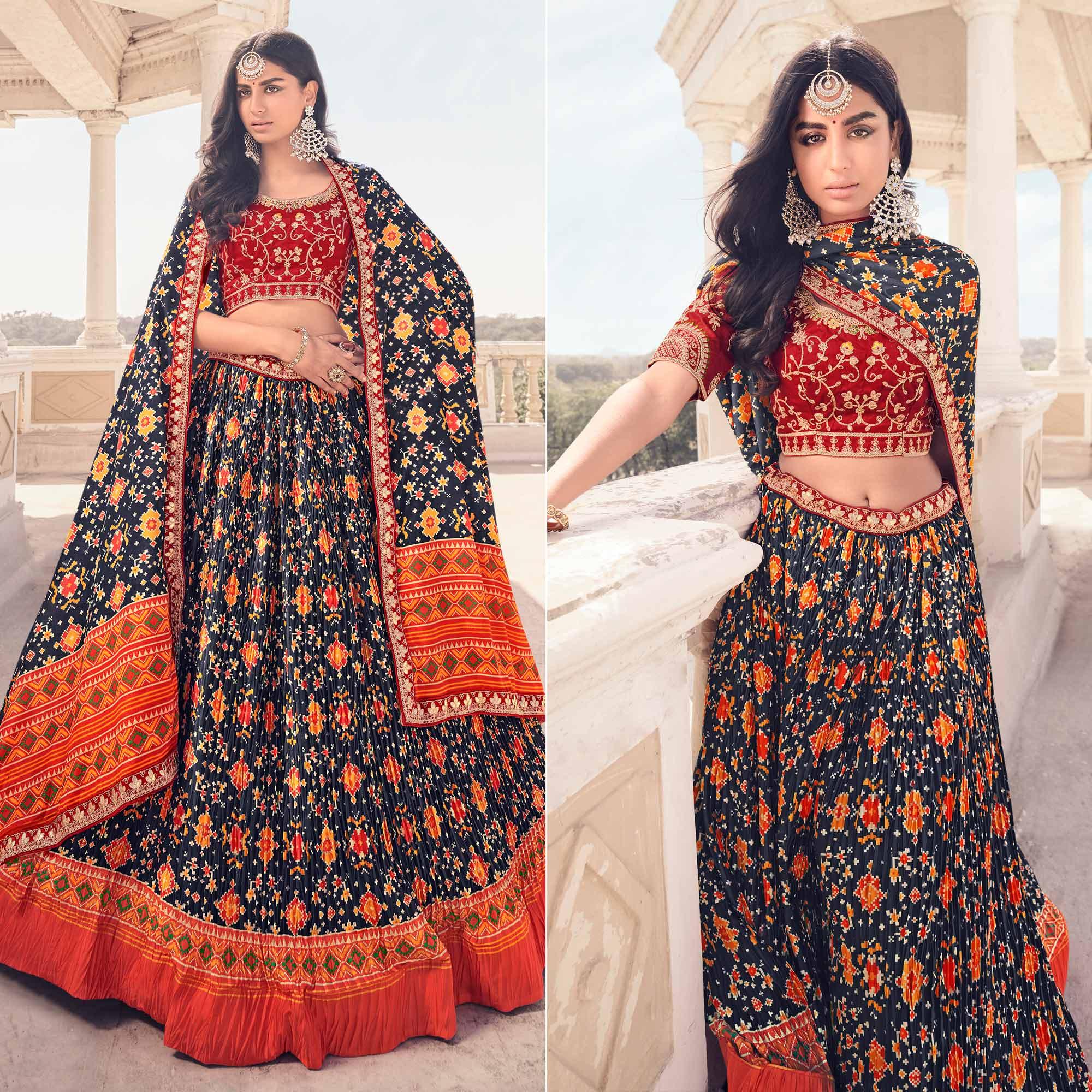 Blue Festive Wear Satin Digital Floral Printed Lehenga Choli - Peachmode