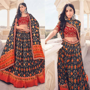 Blue Festive Wear Satin Digital Floral Printed Lehenga Choli - Peachmode