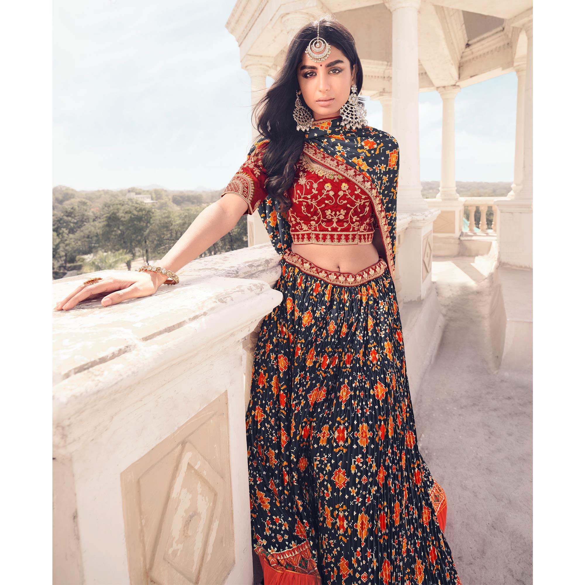 Blue Festive Wear Satin Digital Floral Printed Lehenga Choli - Peachmode
