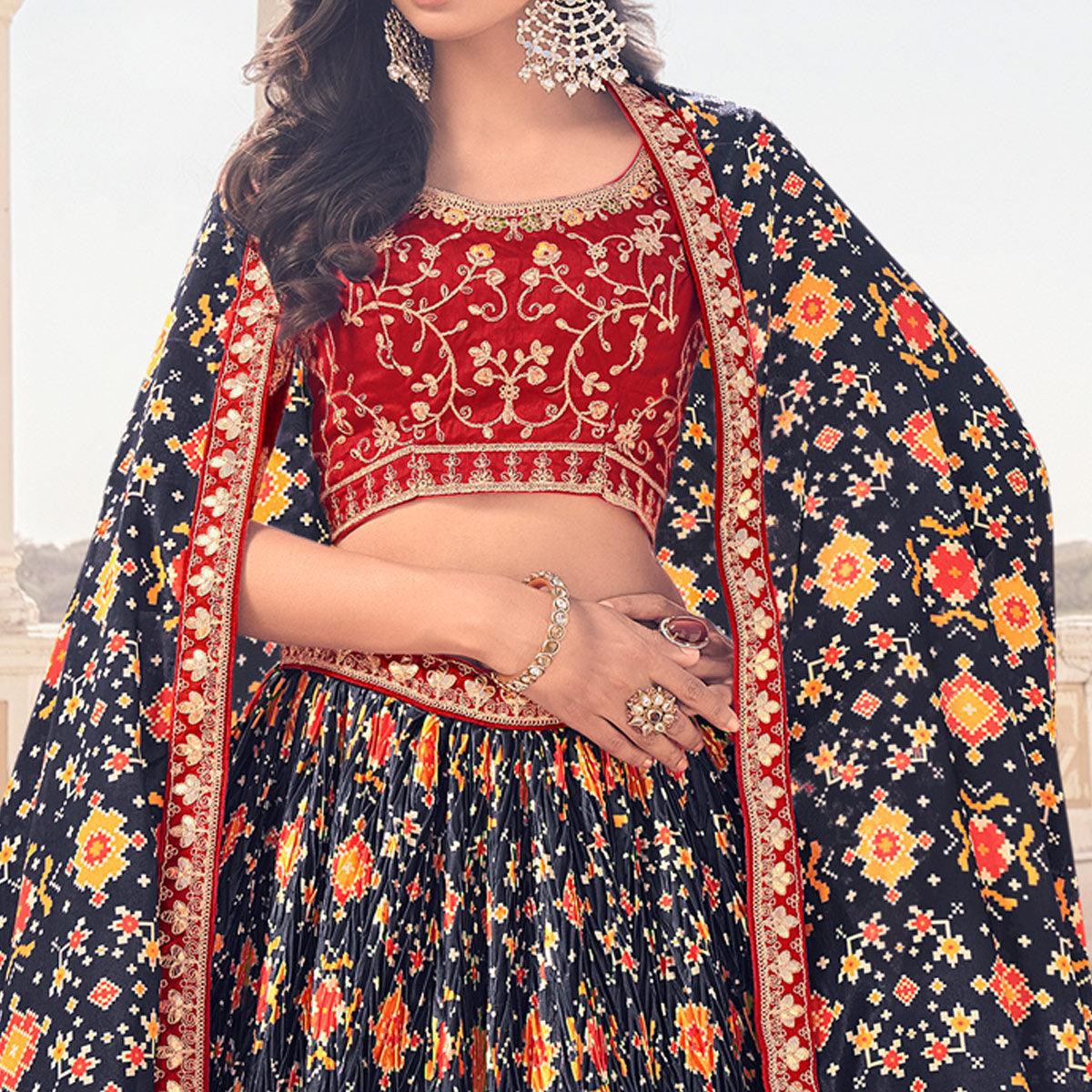 Blue Festive Wear Satin Digital Floral Printed Lehenga Choli - Peachmode