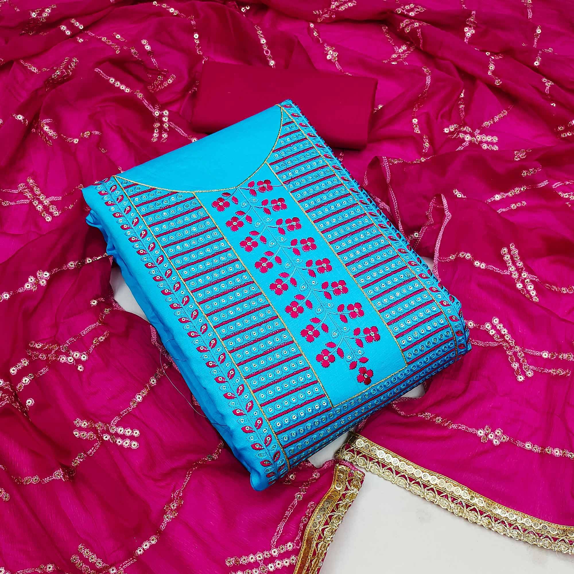 Blue Festive Wear Sequence Embroidered Cotton Dress Material - Peachmode