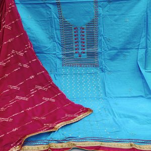 Blue Festive Wear Sequence Embroidered Cotton Dress Material - Peachmode