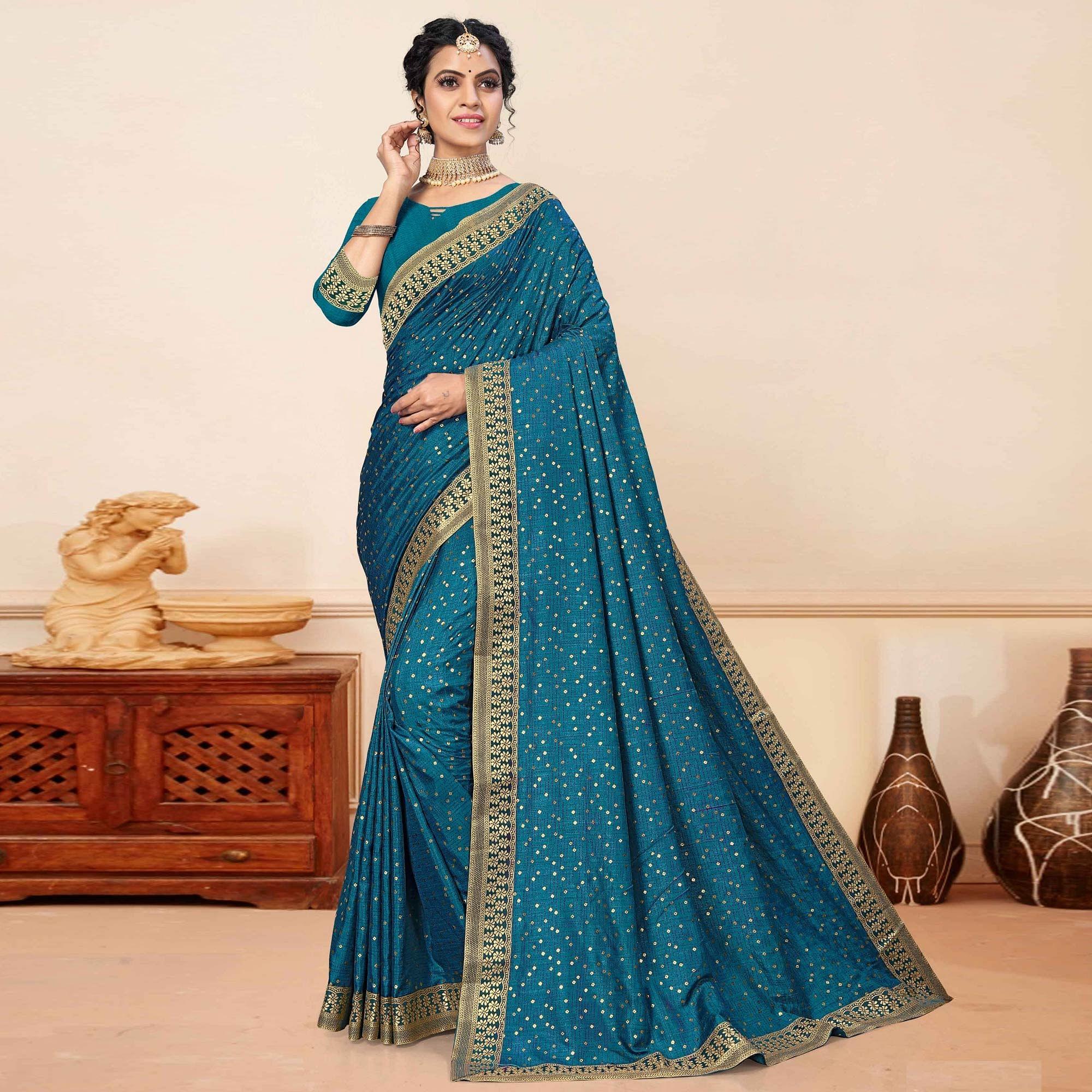 Blue Festive Wear Sequence Embroidered Vichitra Silk Saree - Peachmode