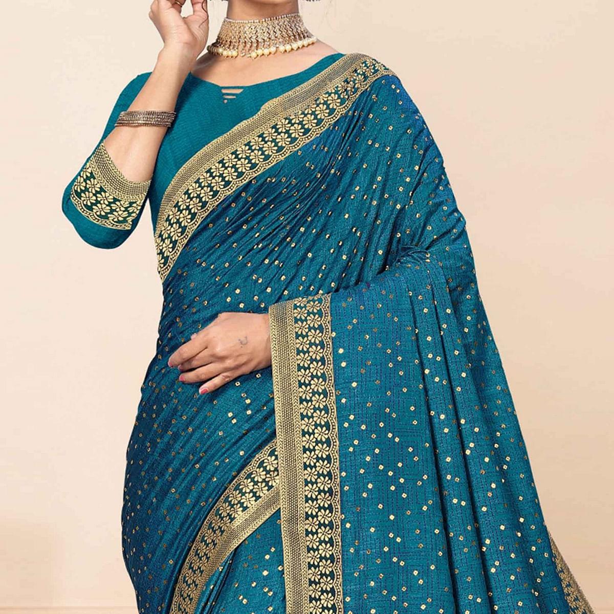Blue Festive Wear Sequence Embroidered Vichitra Silk Saree - Peachmode