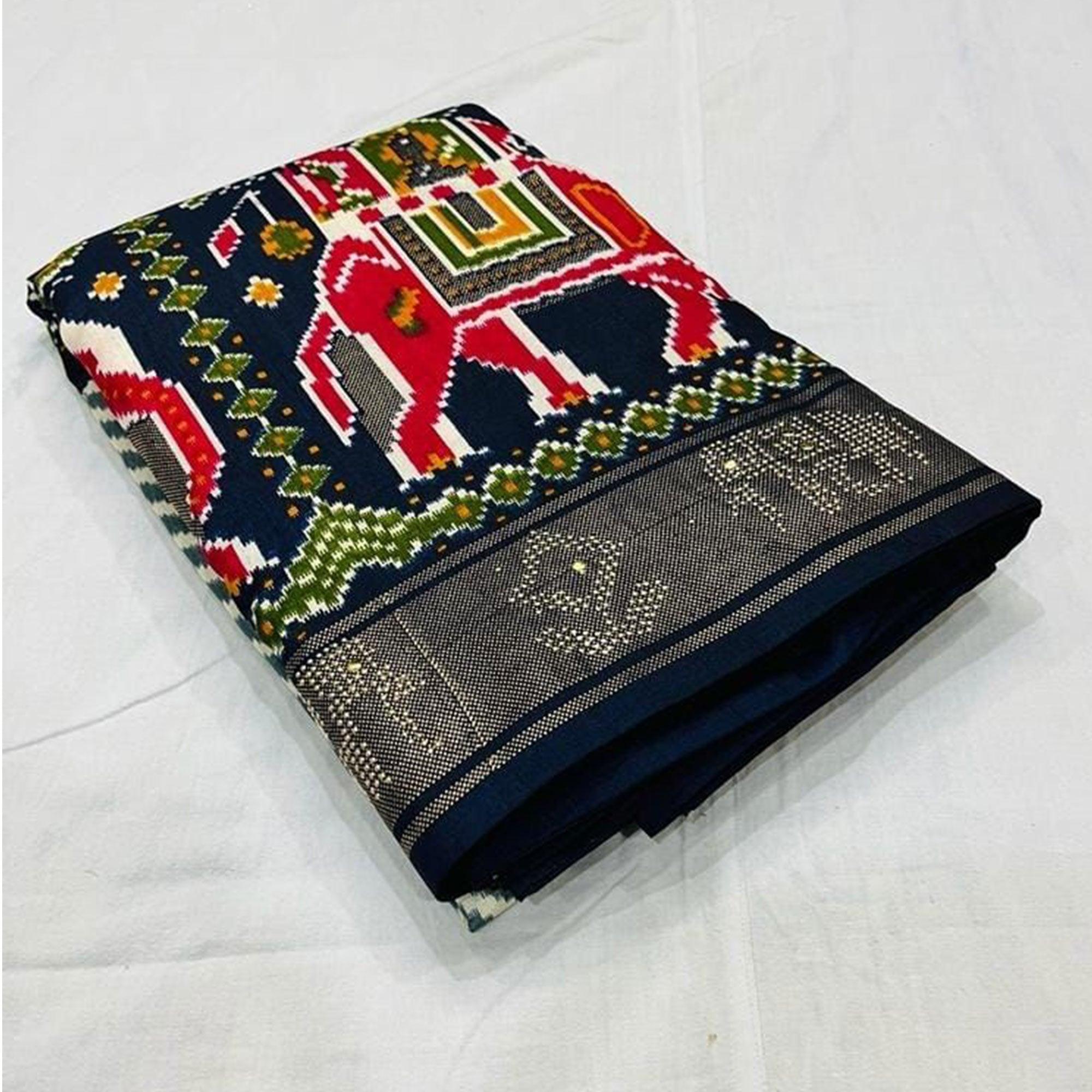 Blue Festive Wear Striped Printed With Foil Border Dola Silk Saree - Peachmode