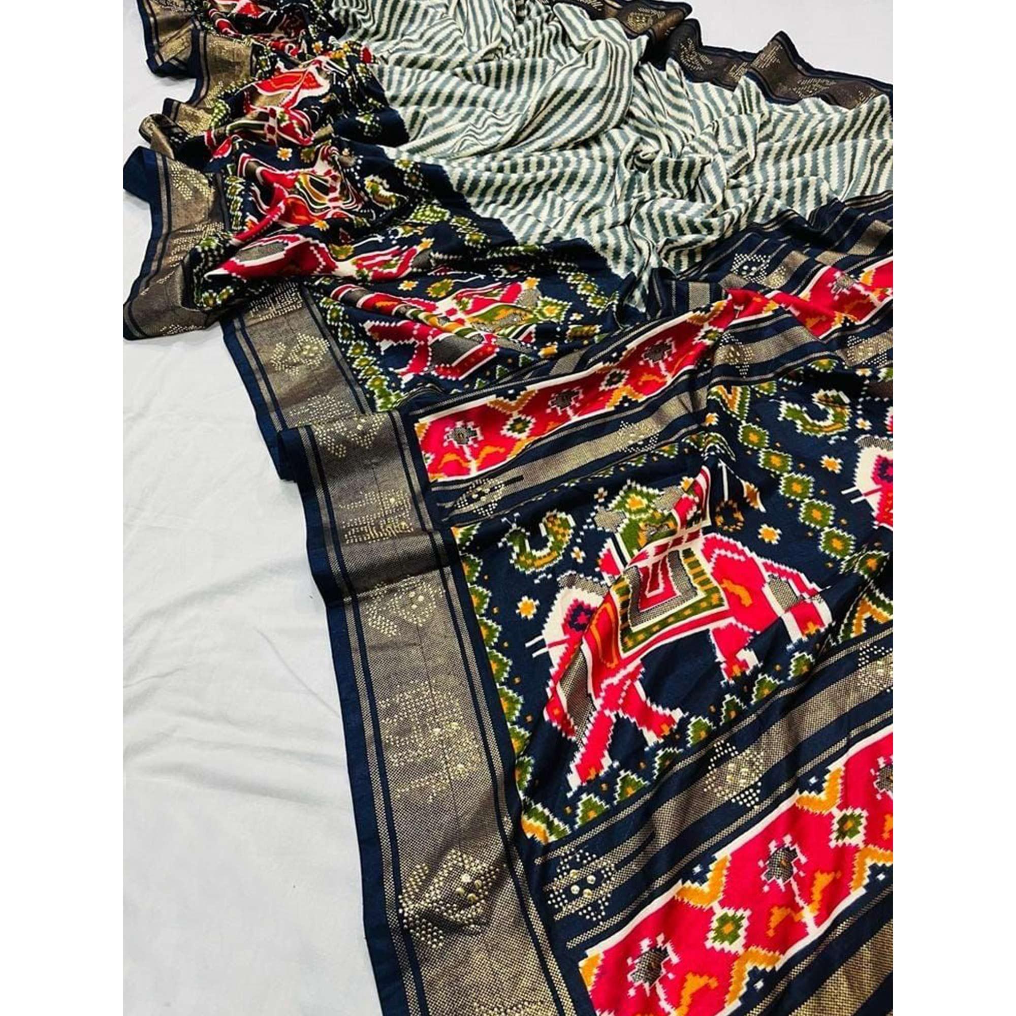 Blue Festive Wear Striped Printed With Foil Border Dola Silk Saree - Peachmode