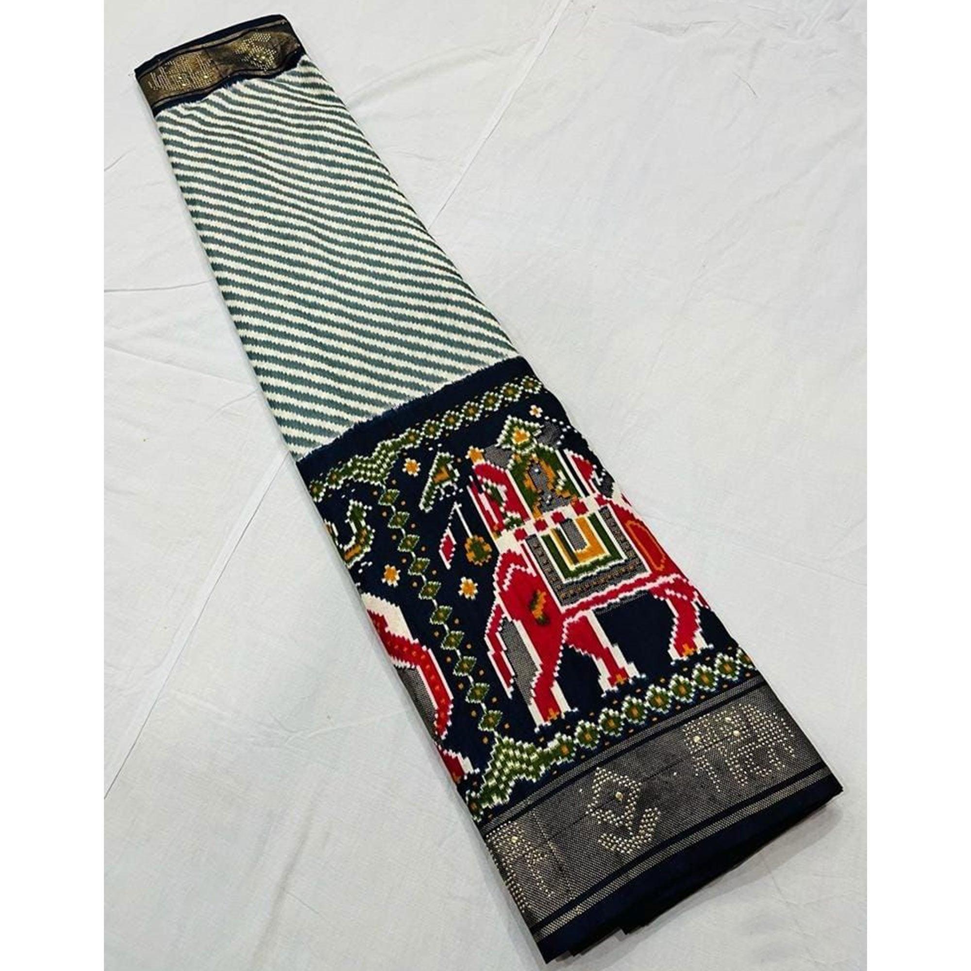 Blue Festive Wear Striped Printed With Foil Border Dola Silk Saree - Peachmode