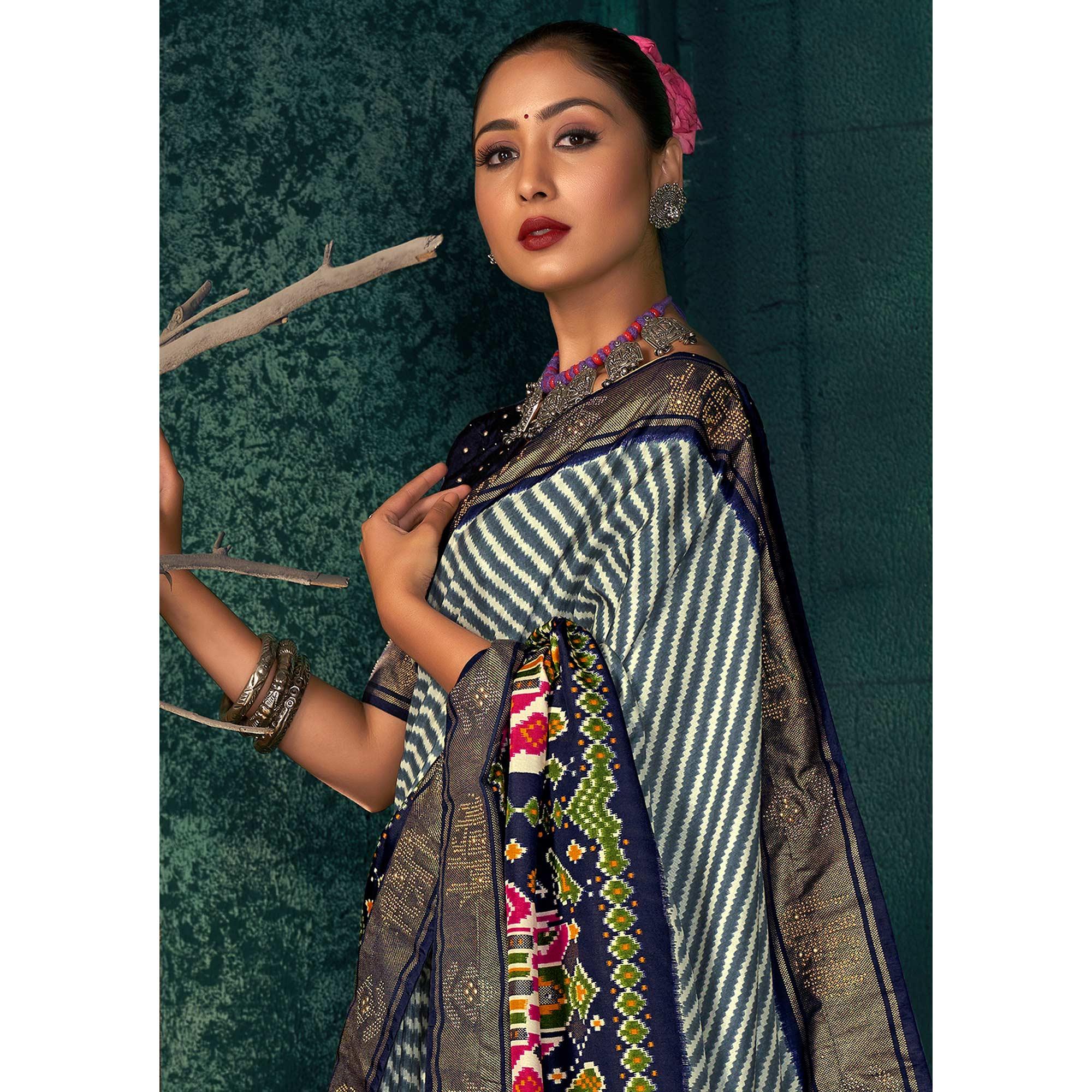 Blue Festive Wear Striped Printed With Foil Border Dola Silk Saree - Peachmode