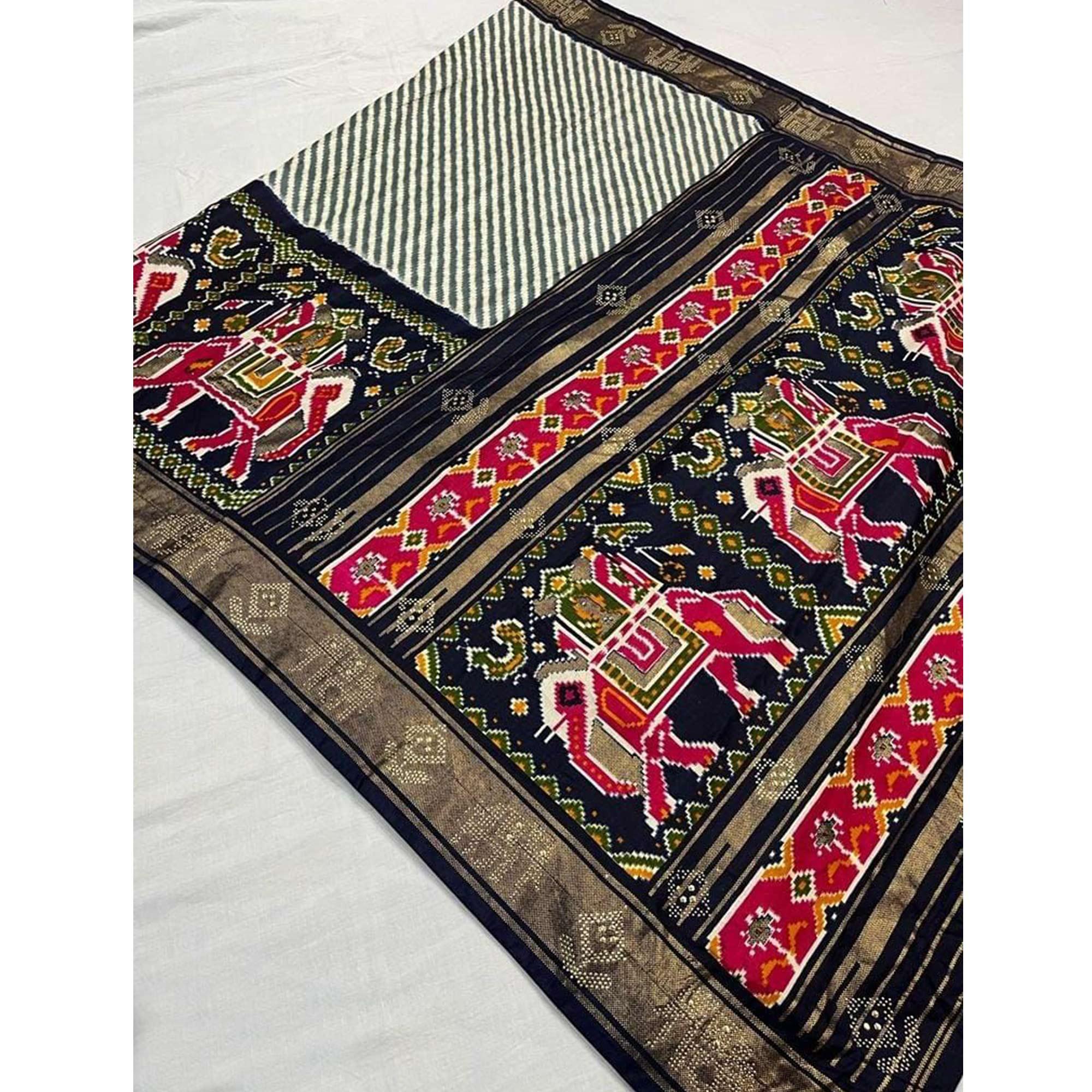 Blue Festive Wear Striped Printed With Foil Border Dola Silk Saree - Peachmode