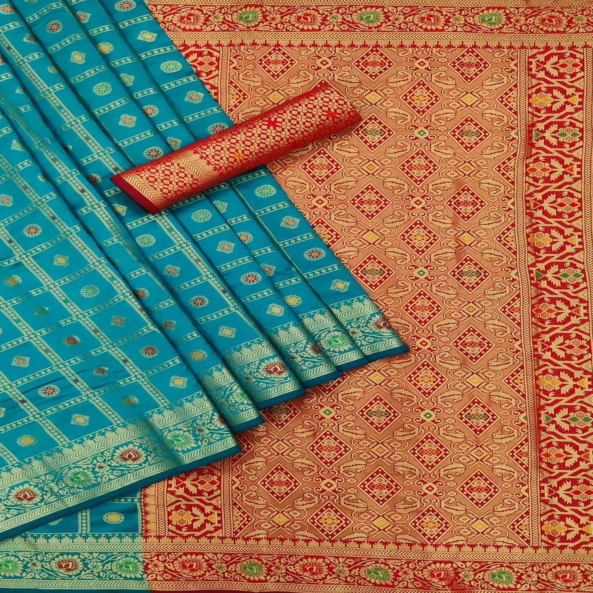 Blue Festive Wear Weaving Silk Saree - Peachmode