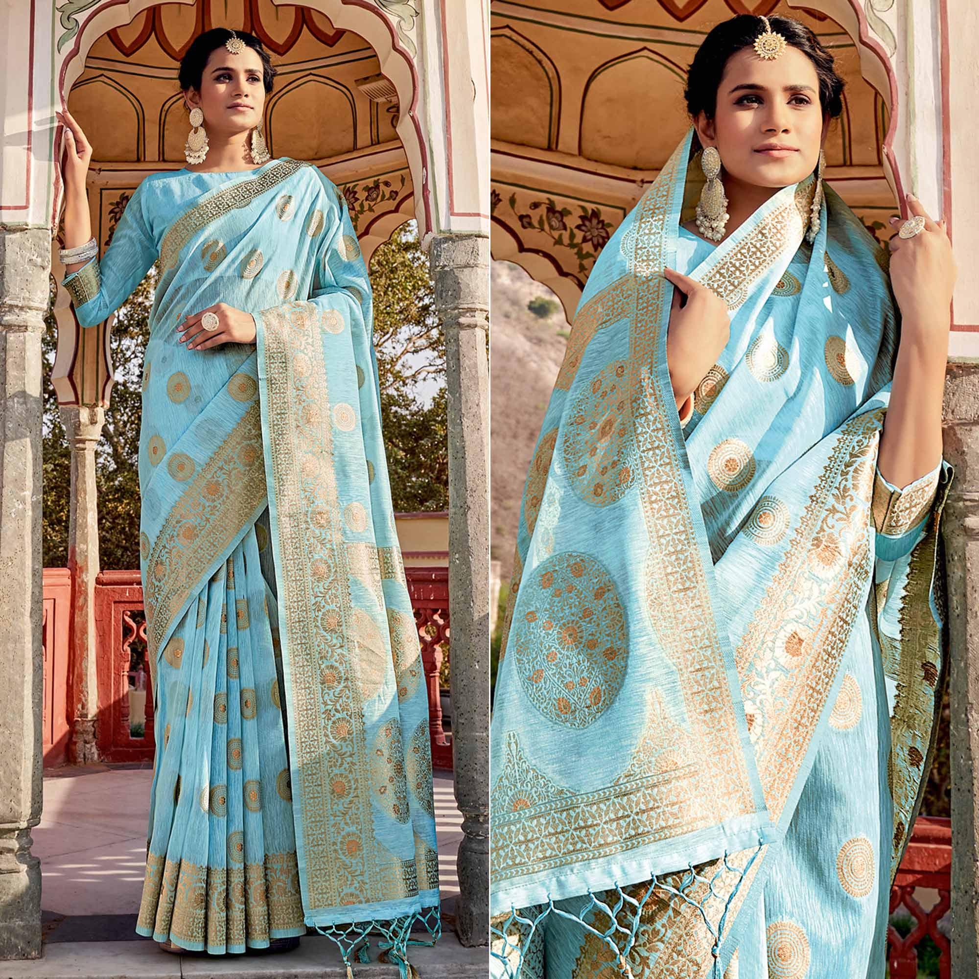 Blue Festive Wear Weaving Work Linen Saree With Tassels - Peachmode
