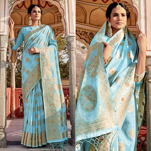 Blue Festive Wear Weaving Work Linen Saree With Tassels - Peachmode