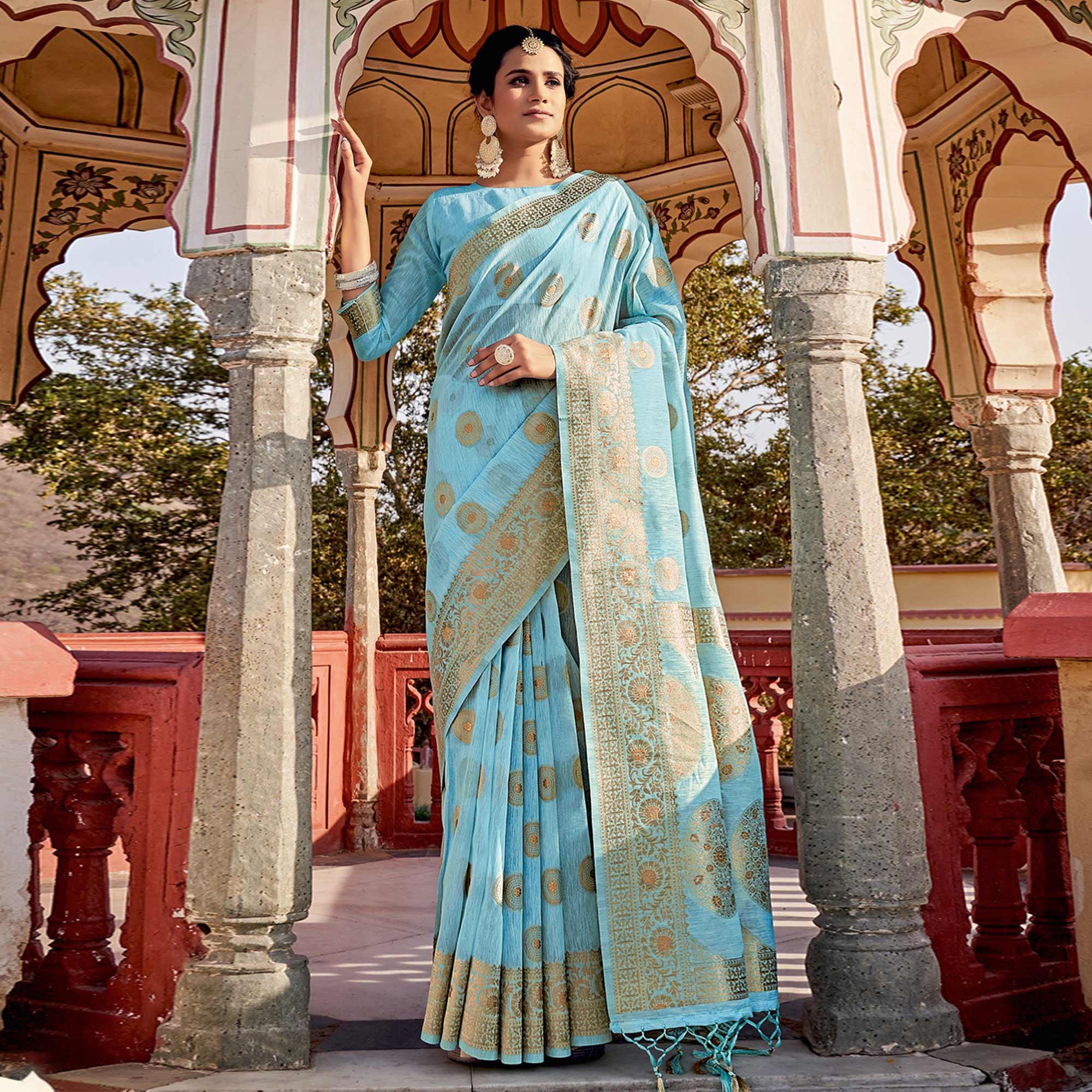 Blue Festive Wear Weaving Work Linen Saree With Tassels - Peachmode