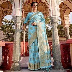 Blue Festive Wear Weaving Work Linen Saree With Tassels - Peachmode