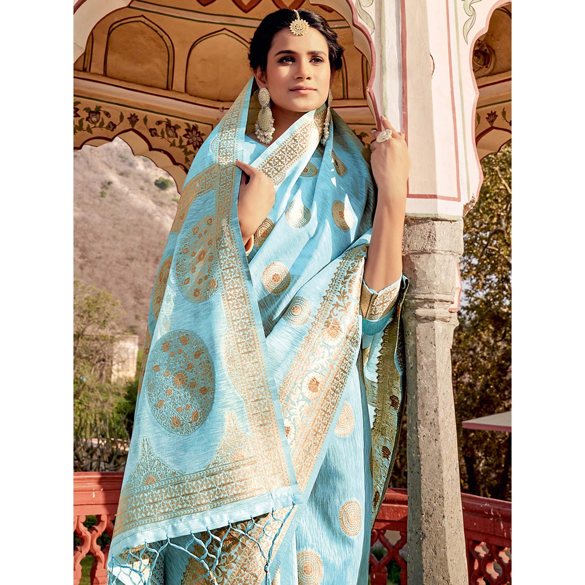 Blue Festive Wear Weaving Work Linen Saree With Tassels - Peachmode